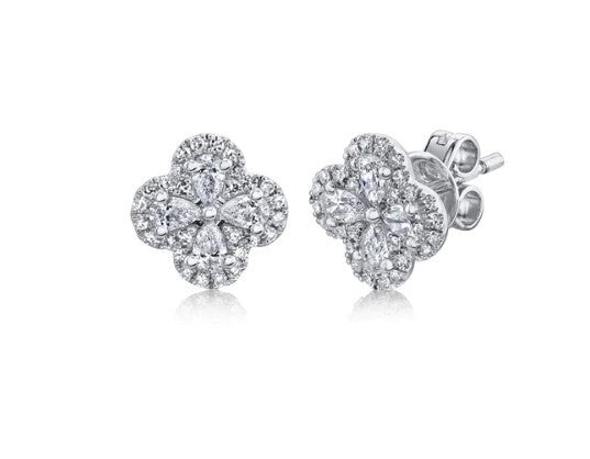 14K White Gold Diamond Clover Stud Earrings
