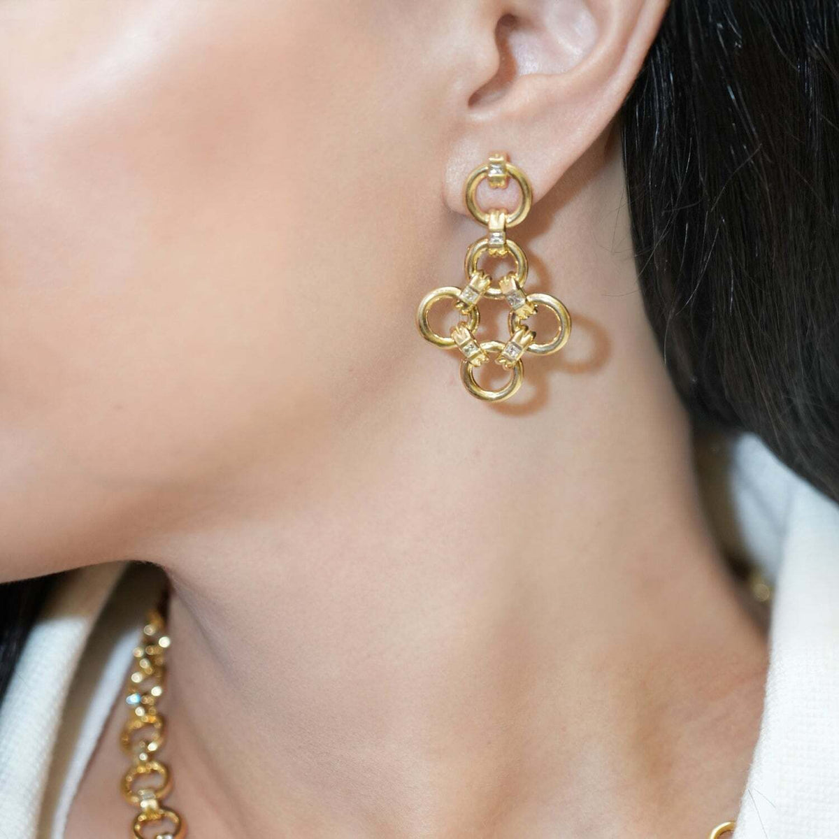 Fancy Quad Style Drop Earrings Crafted In 18K Yellow Gold; Clip On Post. 0.66 Carat Total Weight SI Clarity G-H Colour. 21.4 Grams