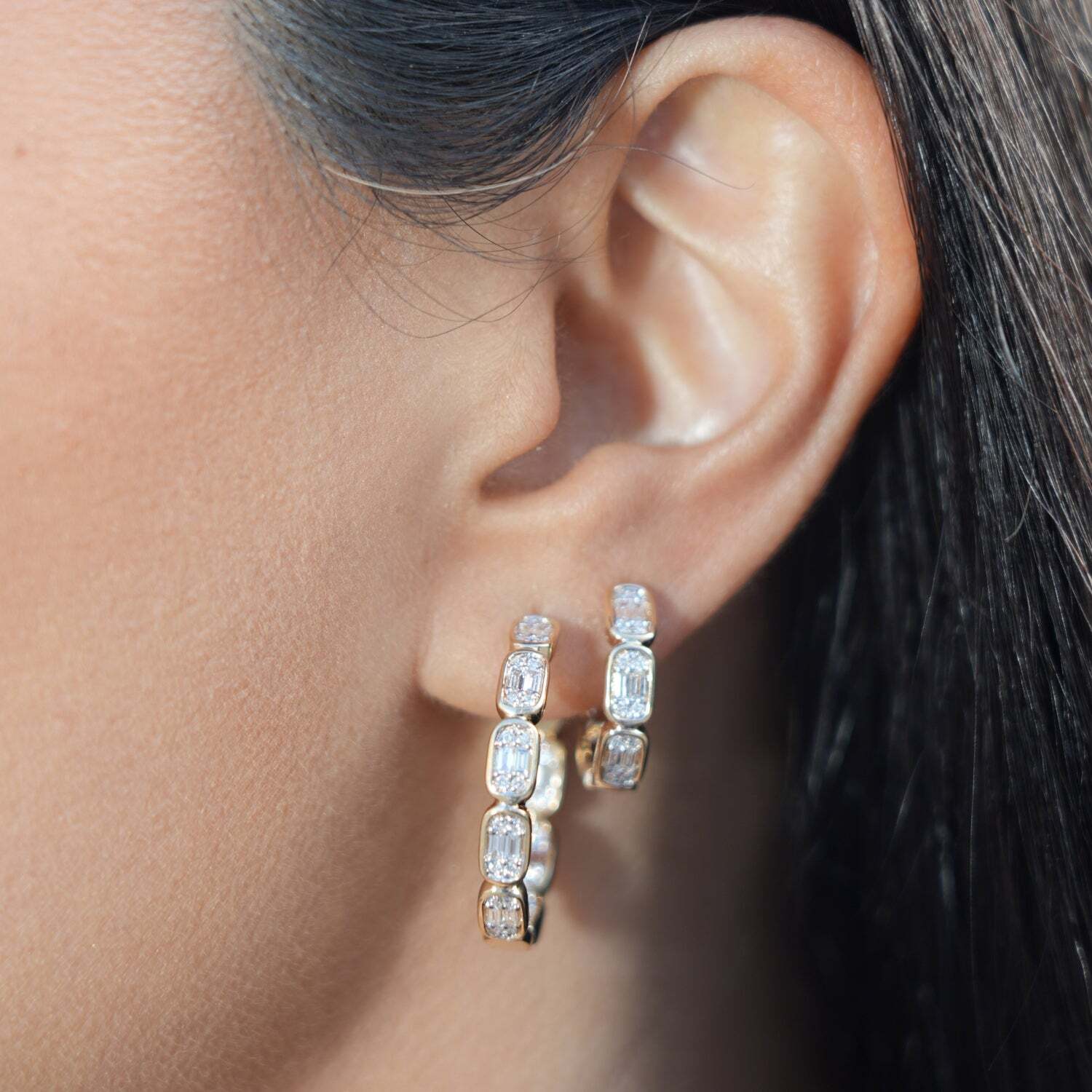 14K Yellow Gold Diamond Baguette Hoop Earrings