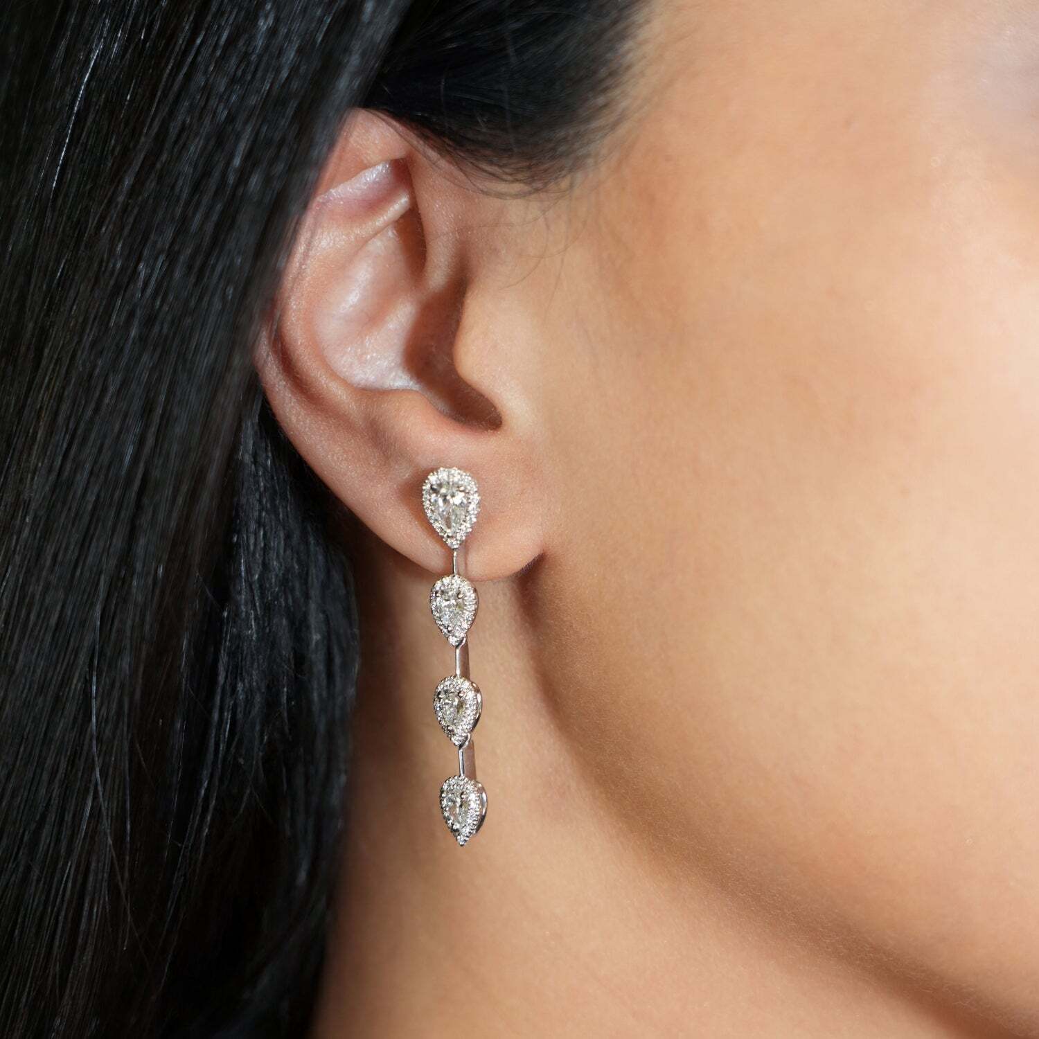 Halo Pear Drop Earrings 18K White Gold.