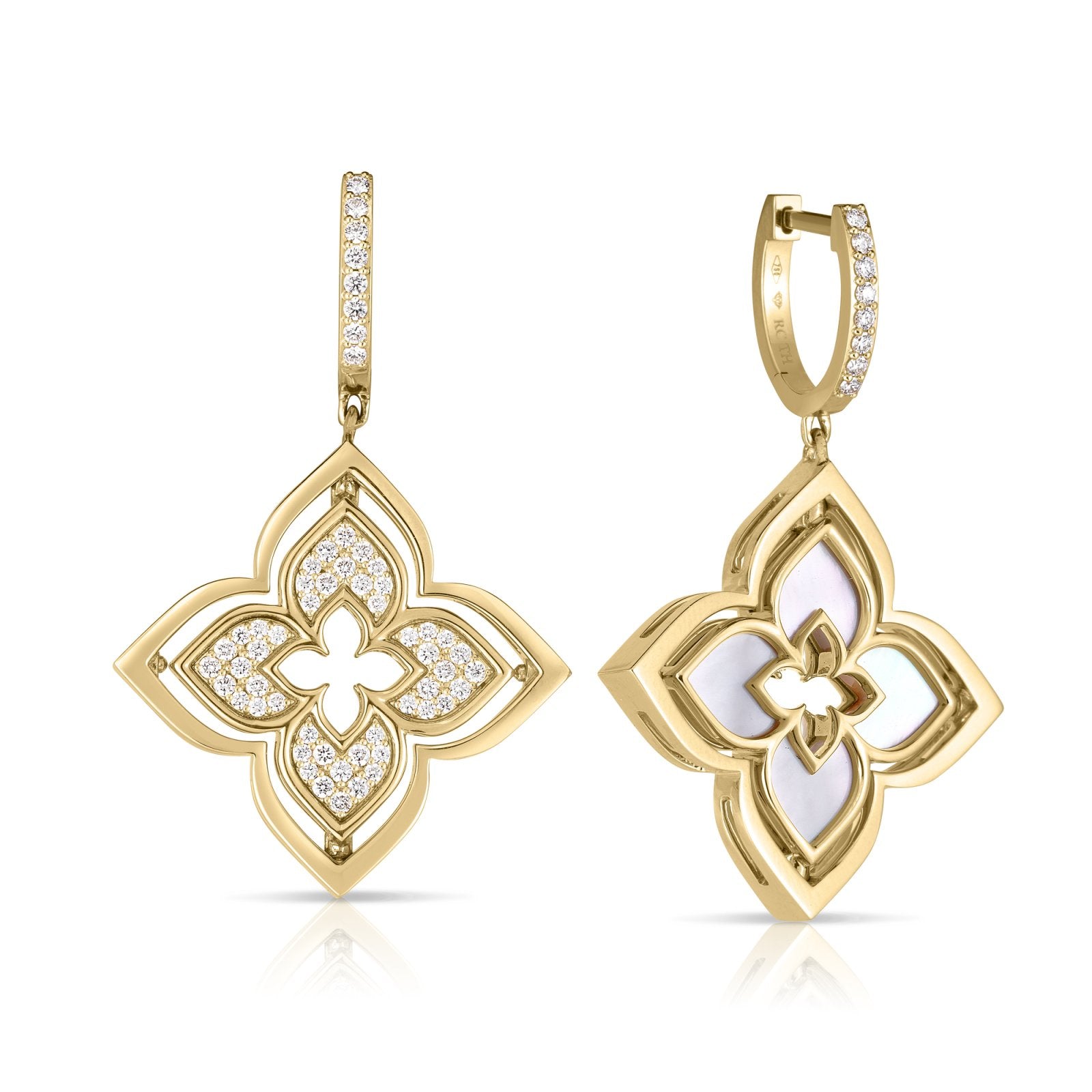 Roberto Coin 18k Yellow Gold Venetian Princess Pirouette Pavé Medium Flower Drop Earrings 0.10ctw