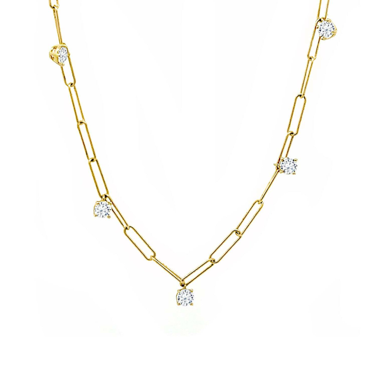 Paper Clip Necklace With 5 Station Drop Diamonds; Cast In 14K Yellow Gold. 5 Basket Set Round Brilliants 0.85 Carat Total Weight SI Clarity; G-H Colour. 3.72 Grams
