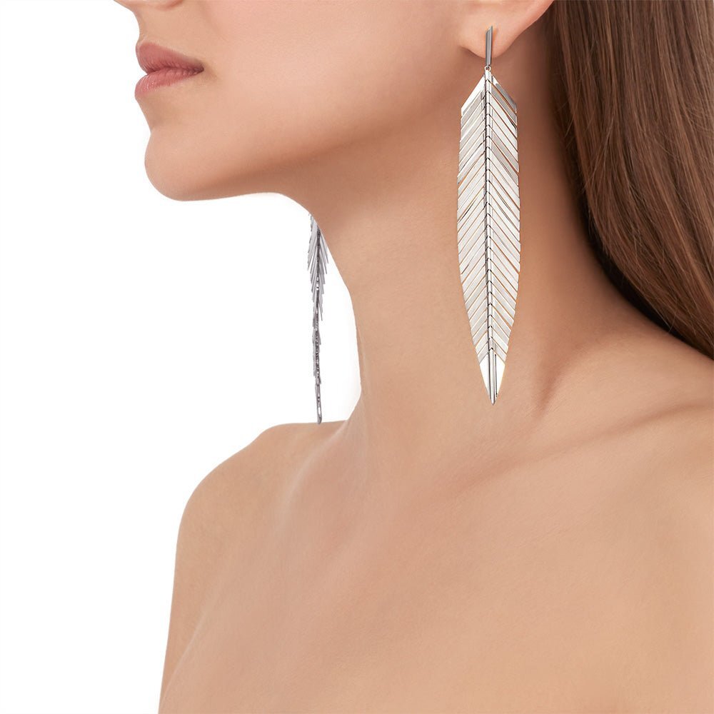 18K White Gold Large Feather Drop Earrings