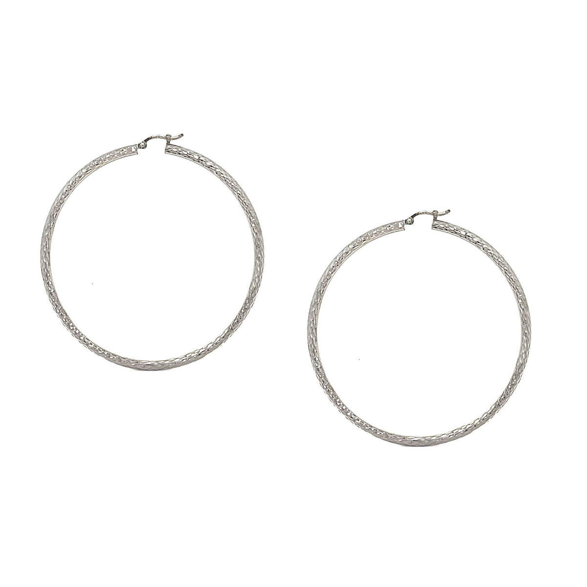 Video Thumbnail: Diamond Cut Style Large Hoop White Gold Earrings Hinged Post Thick Inside Diameter - Howard 14k White Gold Large Diamond Cut Hoop Earrings