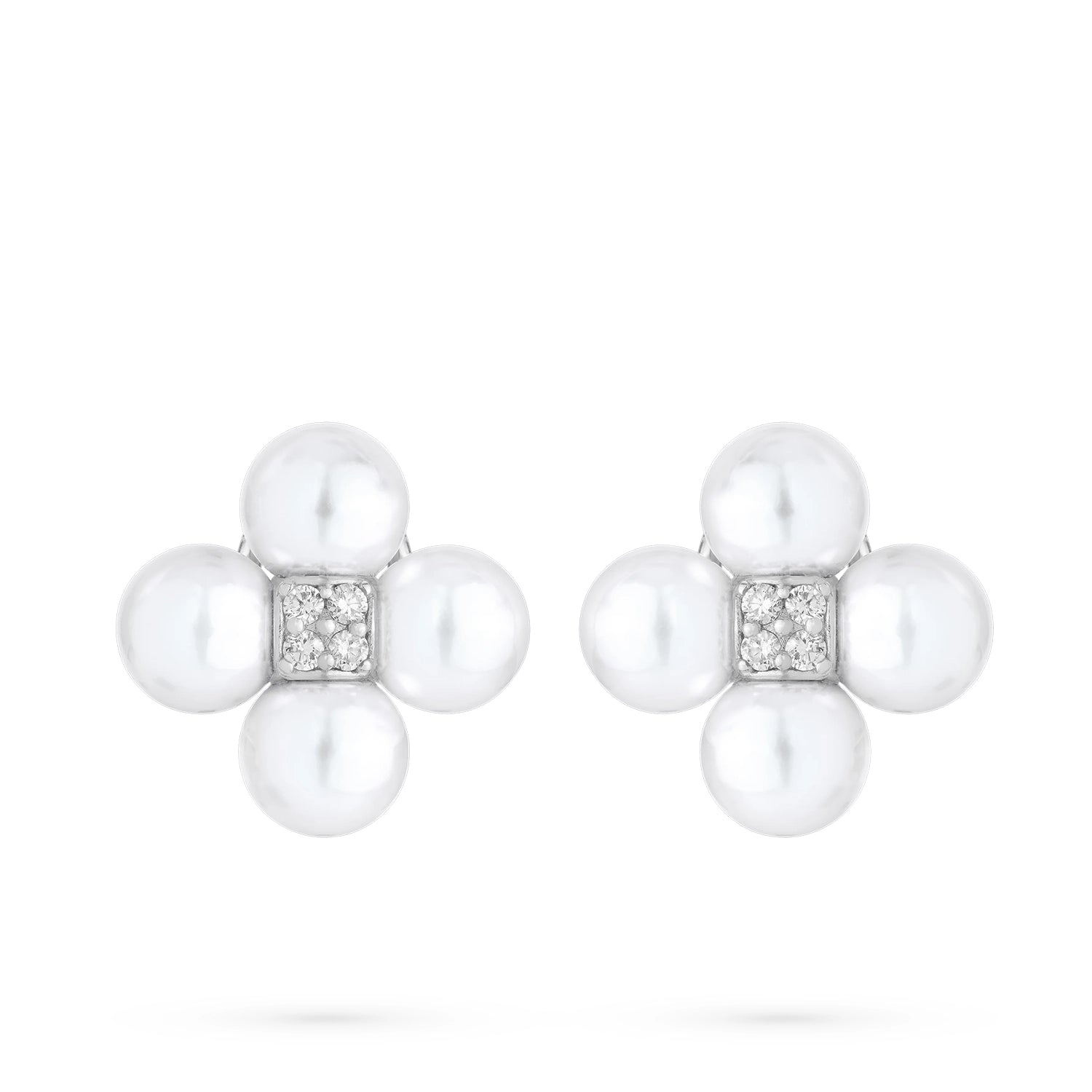 18K White Gold Pearl Sequence Clip Diamond Earrings