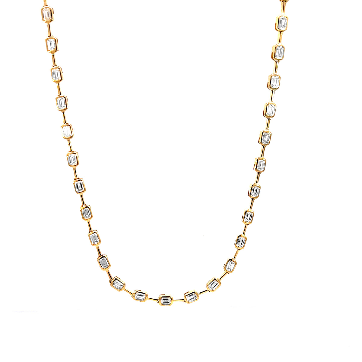 Fancy Emerald Diamond Necklace; Cast in 14K Yellow Gold. Channel Set with 39 Emerald Diamonds 4.81 Carat Total Weight SI Clarity; G-I Colour. 15.20 Grams