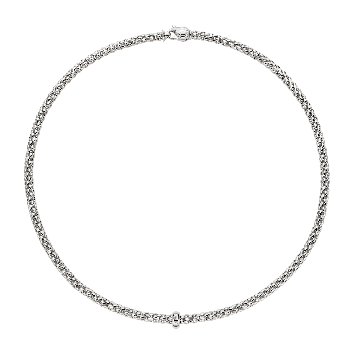 Fope Flexit Necklace Entirely Made Of 18K White Gold. Rondel Is Set With Single Round Diamond 0.01 Carat Weight. Fope Solo Collection