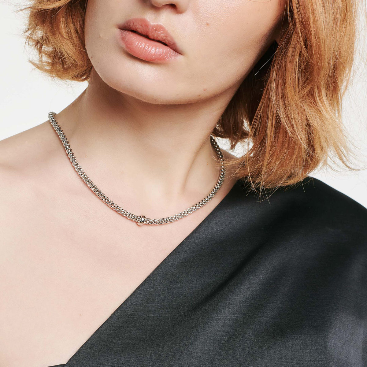 Fope Flexit Necklace Entirely Made Of 18K White Gold. Rondel Is Set With Single Round Diamond 0.01 Carat Weight. Fope Solo Collection
