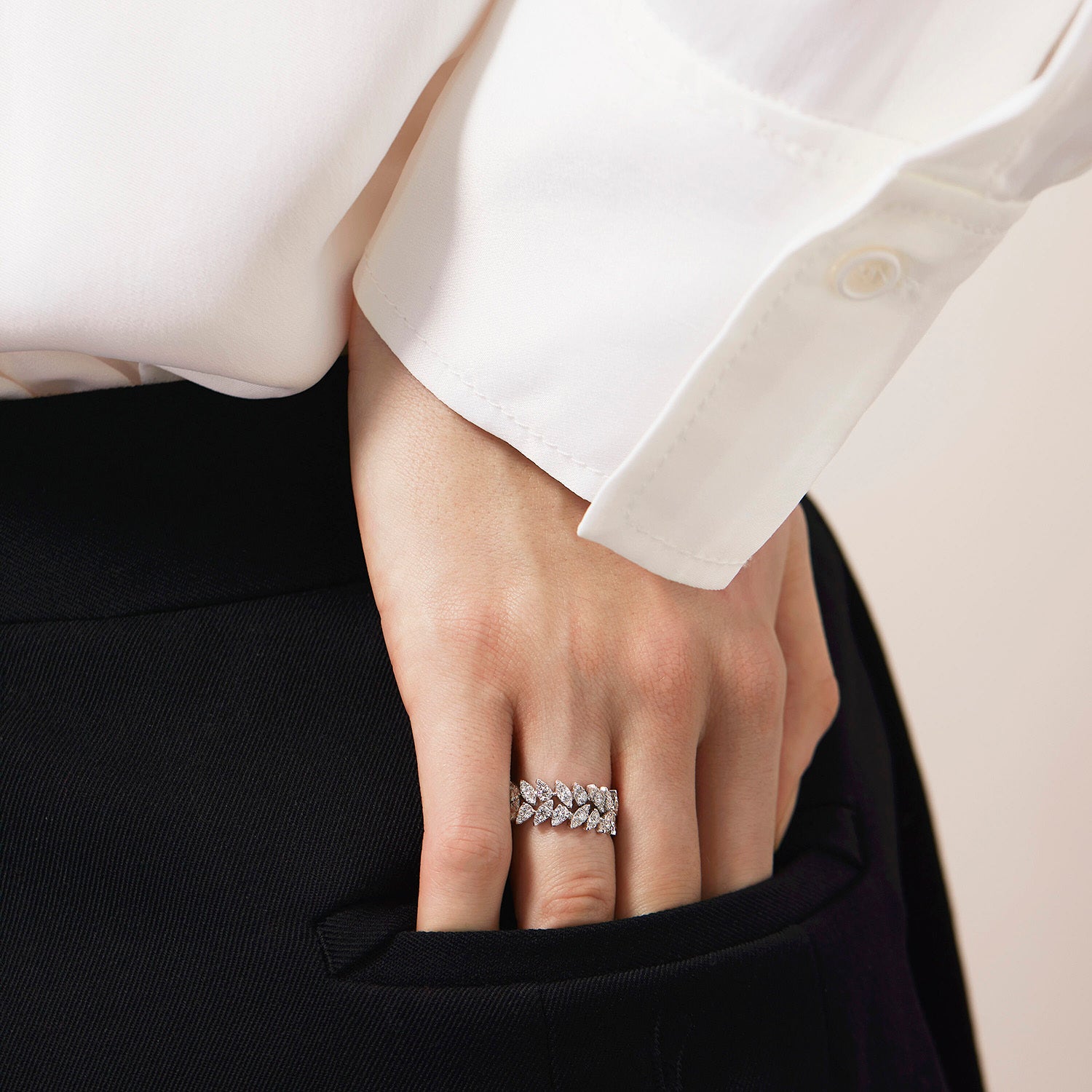 18K White Gold Aerial Double Dewdrop Ring