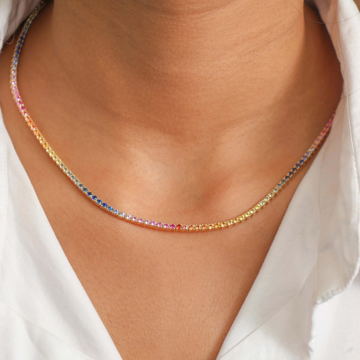 Howard 14K Yellow Gold 17" Rainbow Sapphire Tennis Necklace 13.36ctw