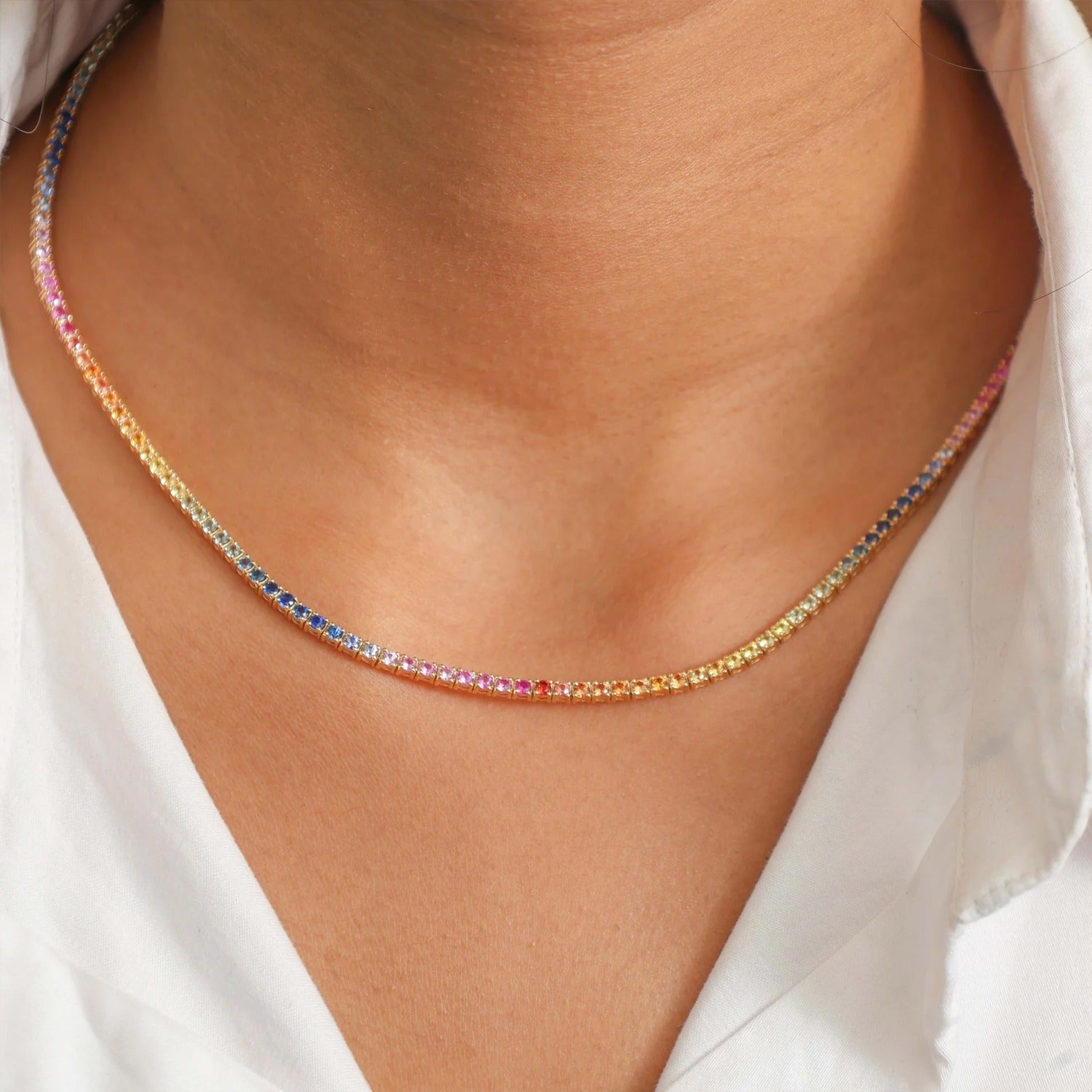 Howard 14K Yellow Gold 17" Rainbow Sapphire Tennis Necklace 13.36ctw