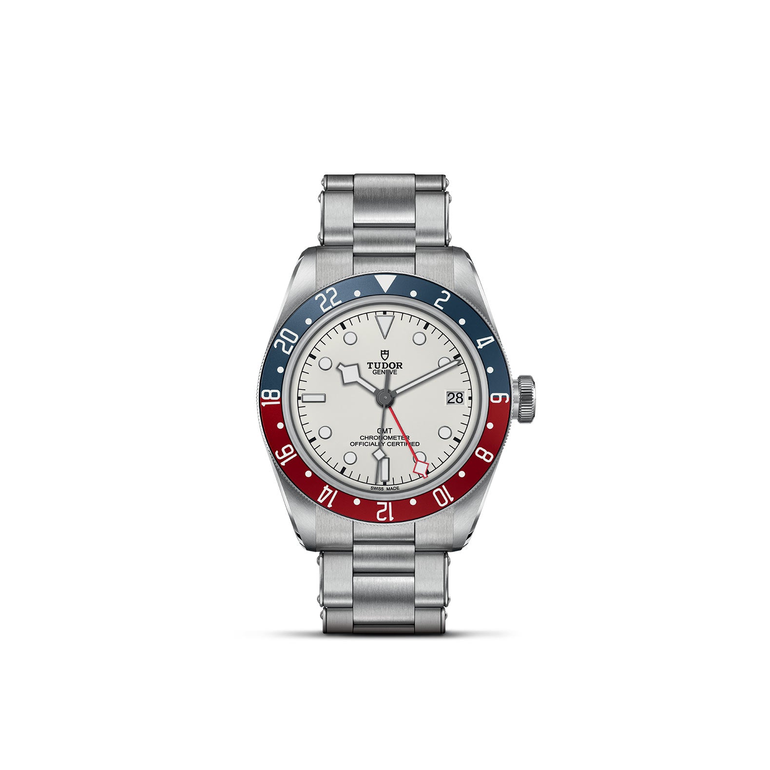 A TUDOR Black Bay GMT watch with a silver stainless steel bracelet, a rotatable bezel with blue and burgundy coloring, and a white dial with red and blue accents.