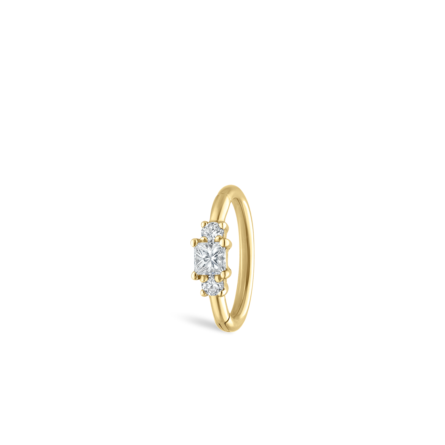 Video Thumbnail: Maria Tash Yellow Gold Classic Elegant Design Resembles the Style of an Engagement Ring the Clicker Ring Features a Diamond Flanked by Two Smaller Diamonds Princess 0 Diamond 4314 - Maria Tash 18k Yellow Gold 2mm Diamond Princess Hoop Earring