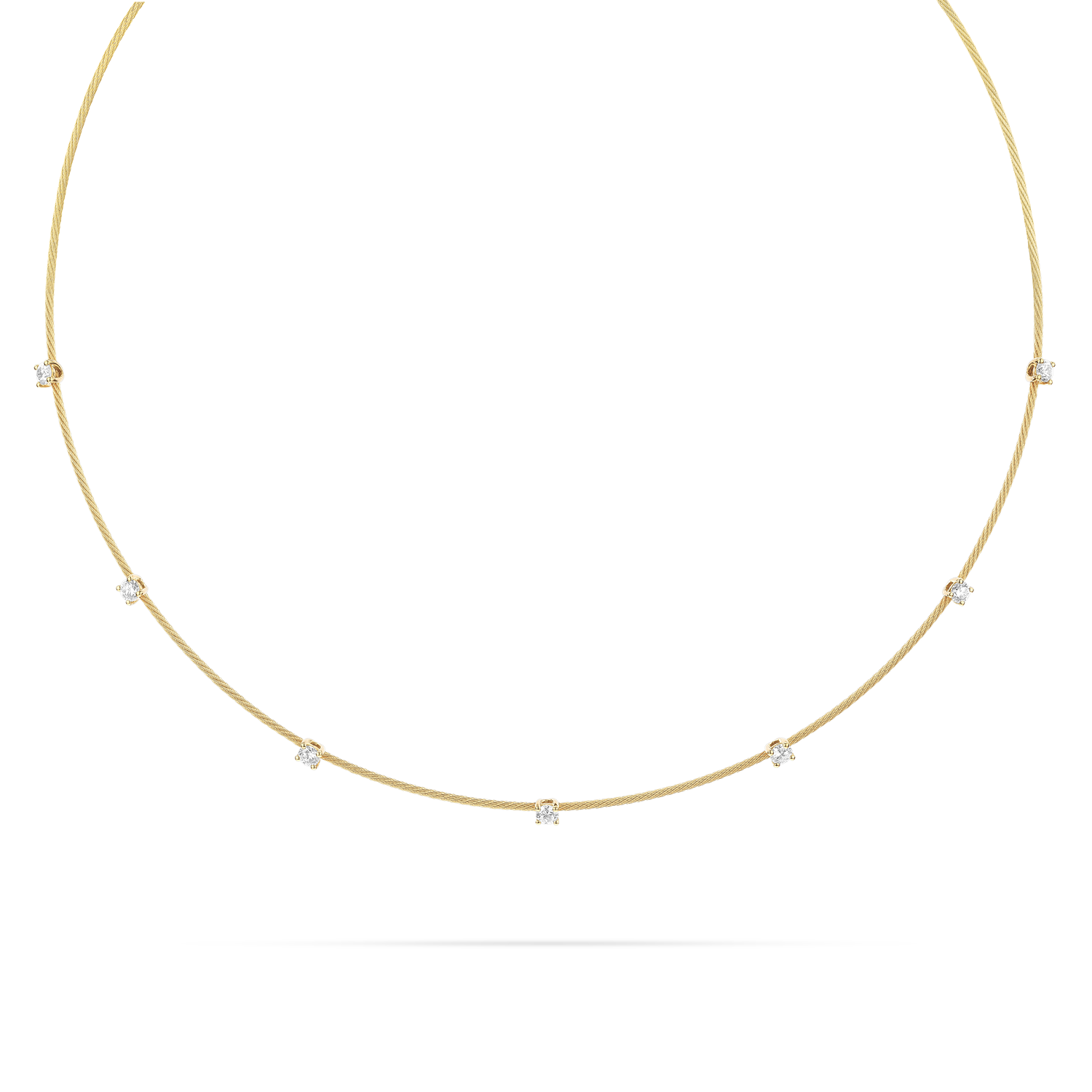 PAUL MORELLI 18K YELLOW GOLD 1MM WIRE NECKLACE WITH 7 ROUND 0.70 CARAT WEIGHT DIAMONDS.