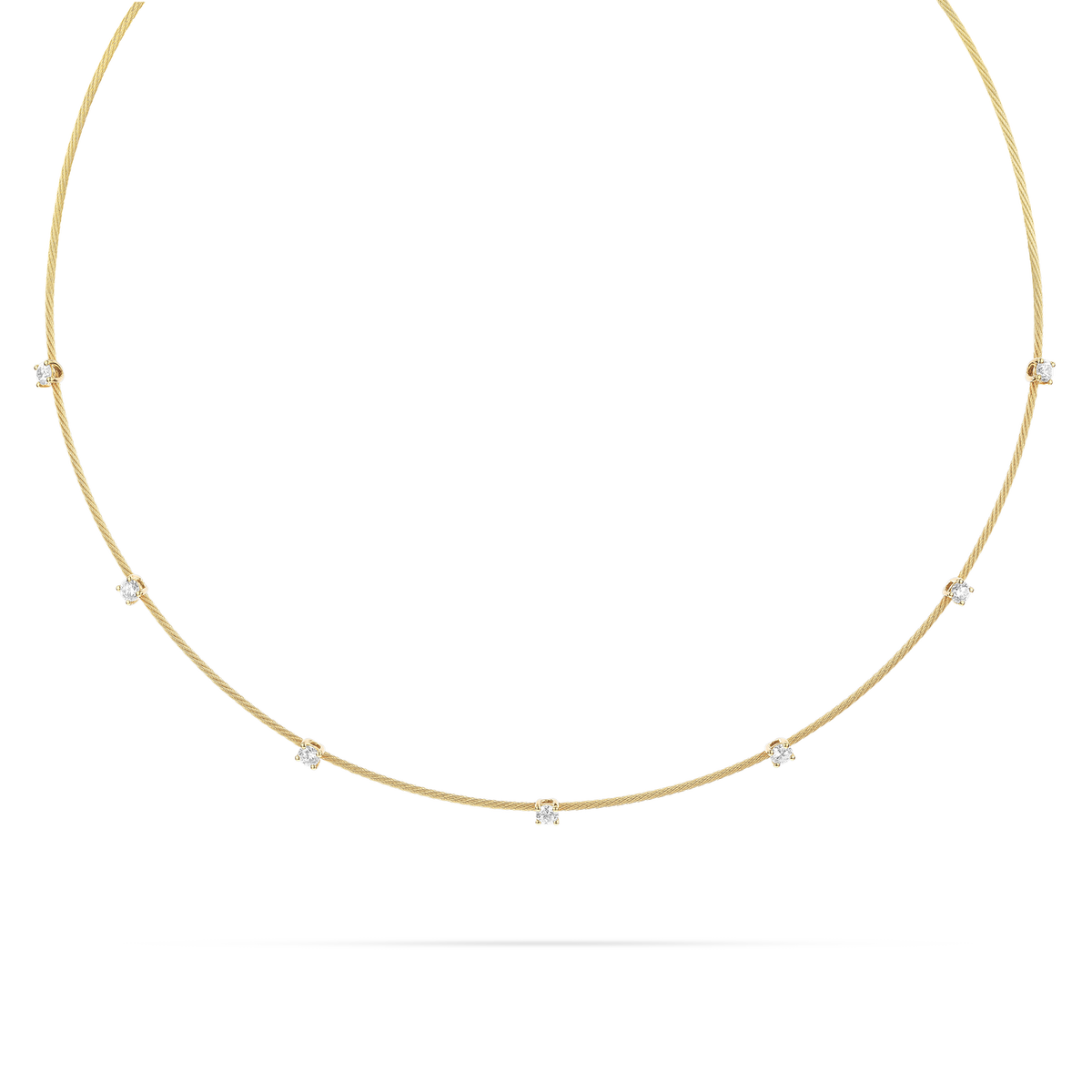 PAUL MORELLI 18K YELLOW GOLD 1MM WIRE NECKLACE WITH 7 ROUND 0.70 CARAT WEIGHT DIAMONDS.