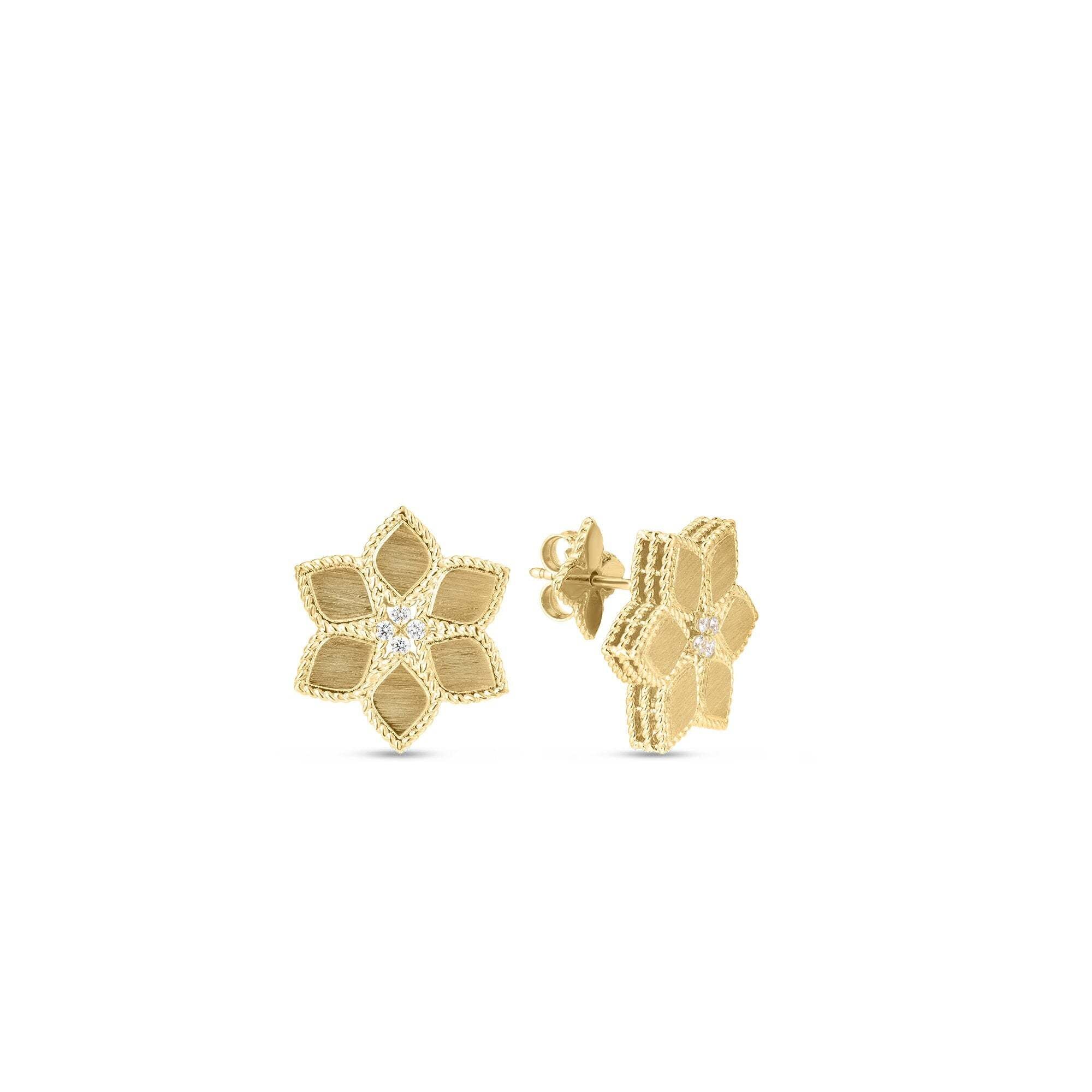 18KY Gold Vernazza Diamond & Satin Finish Flower Stud Earrings