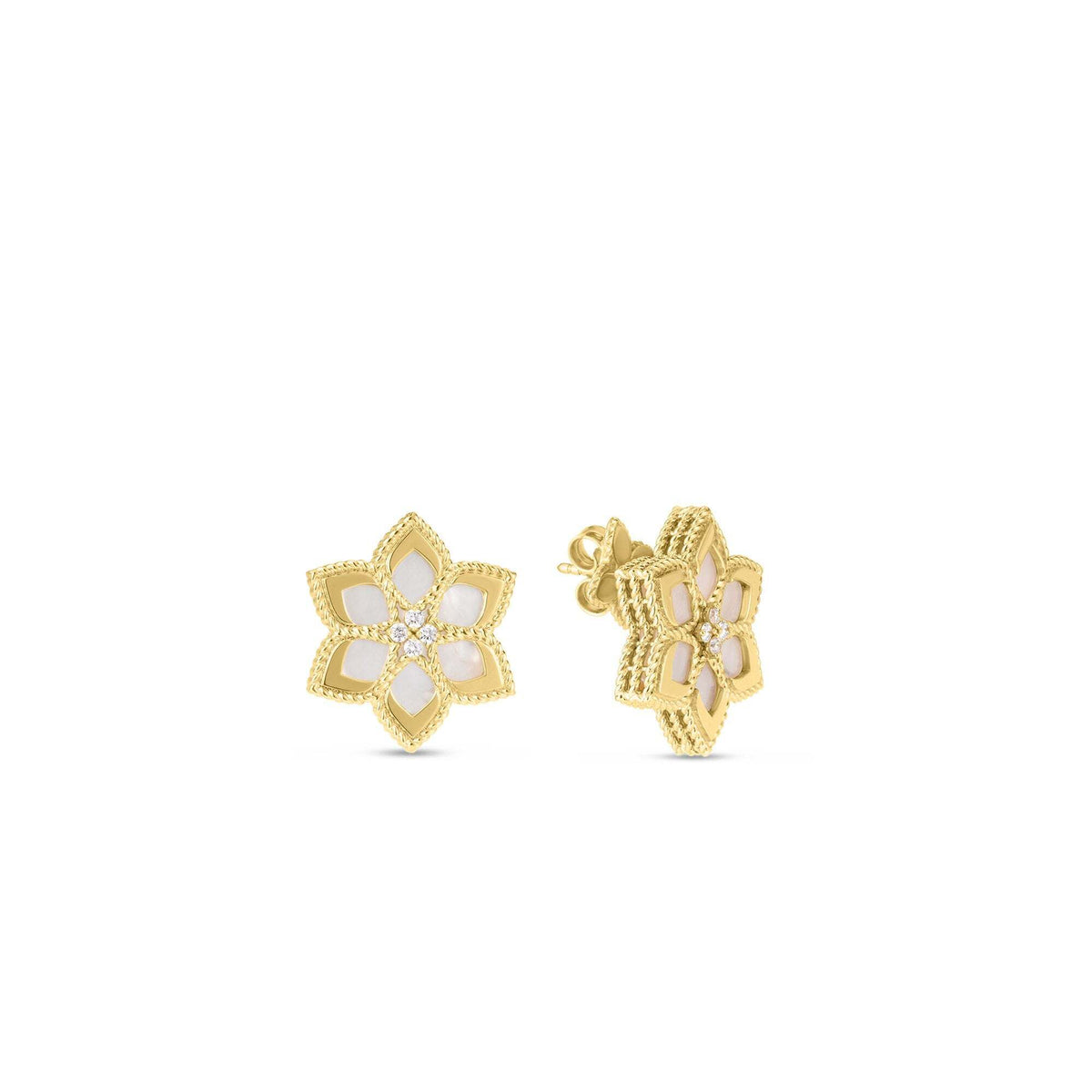Roberto Coin 18K Yellow Gold Vernazza Diamond & Mother Of Pearl Flower Stud Earrings 0.08ctw