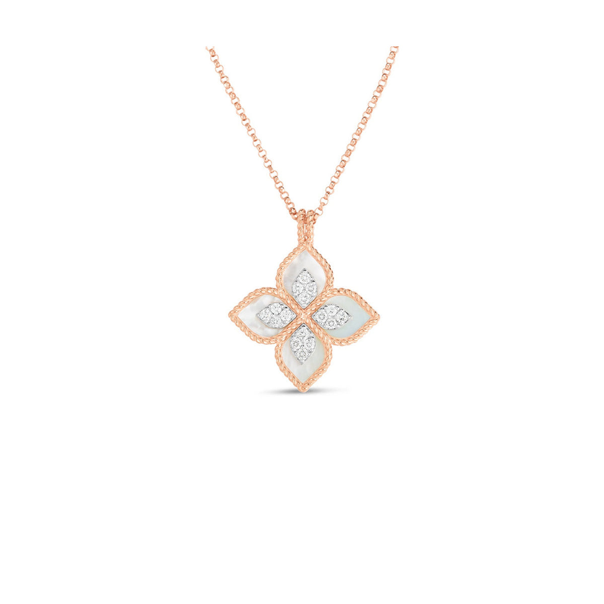 Roberto Coin 18K Rose Gold 17" Princess Flower Mother-of-Pearl and Diamond Pendant 0.16 ctw