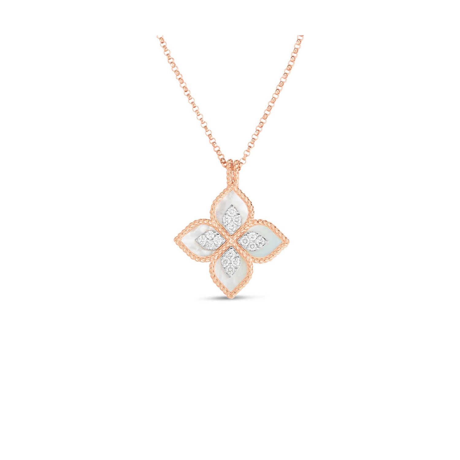 Roberto Coin 18K Rose Gold 17" Princess Flower Mother-of-Pearl and Diamond Pendant 0.16 ctw
