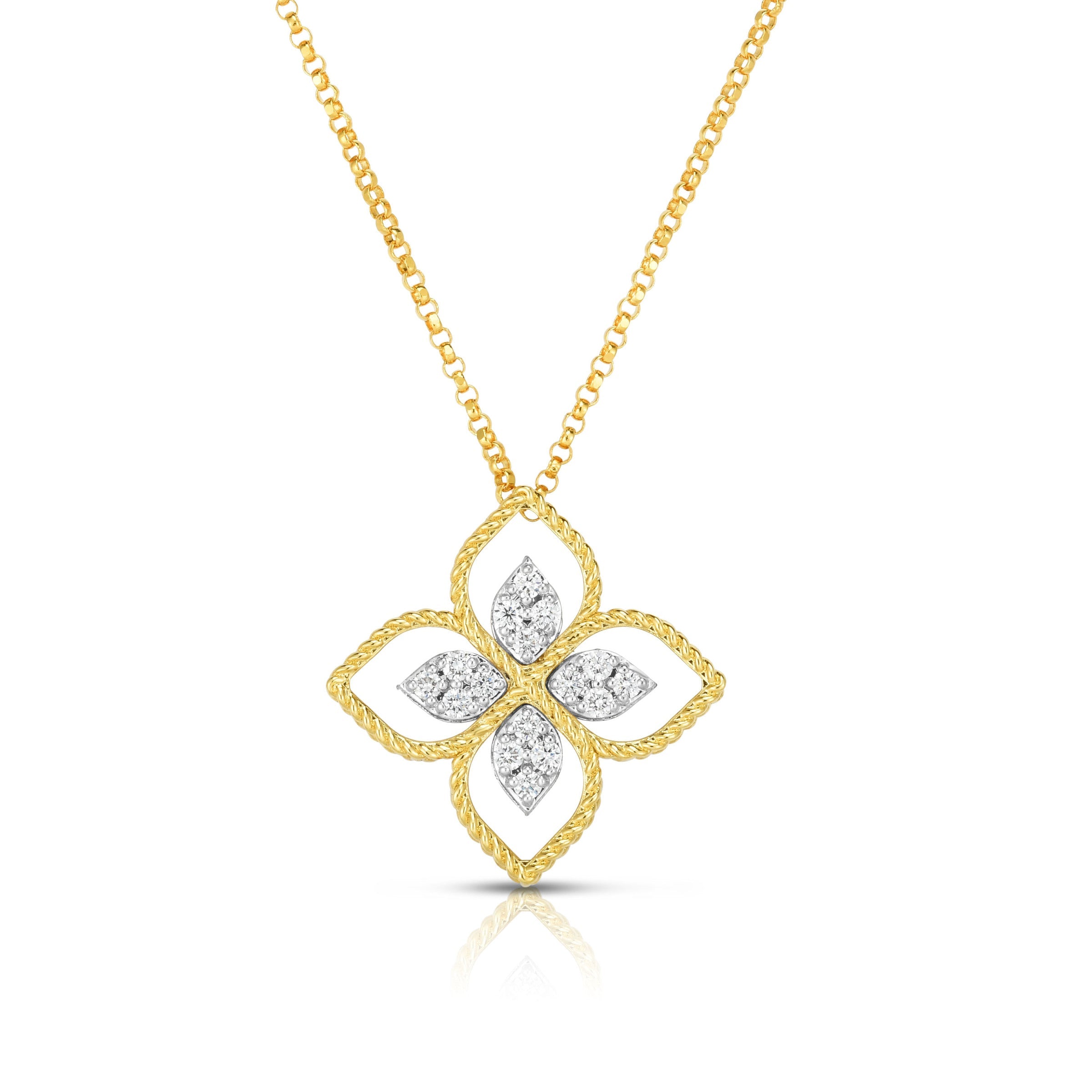 Roberto Coin 18K Yellow & White Gold Princess Flower Classic Open Diamond Necklace 0.16ctw