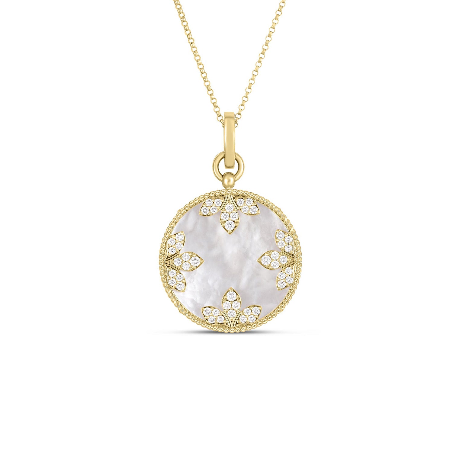 18KY Gold Venetian Medallions Diamond-Pearl Large Pendant Necklace