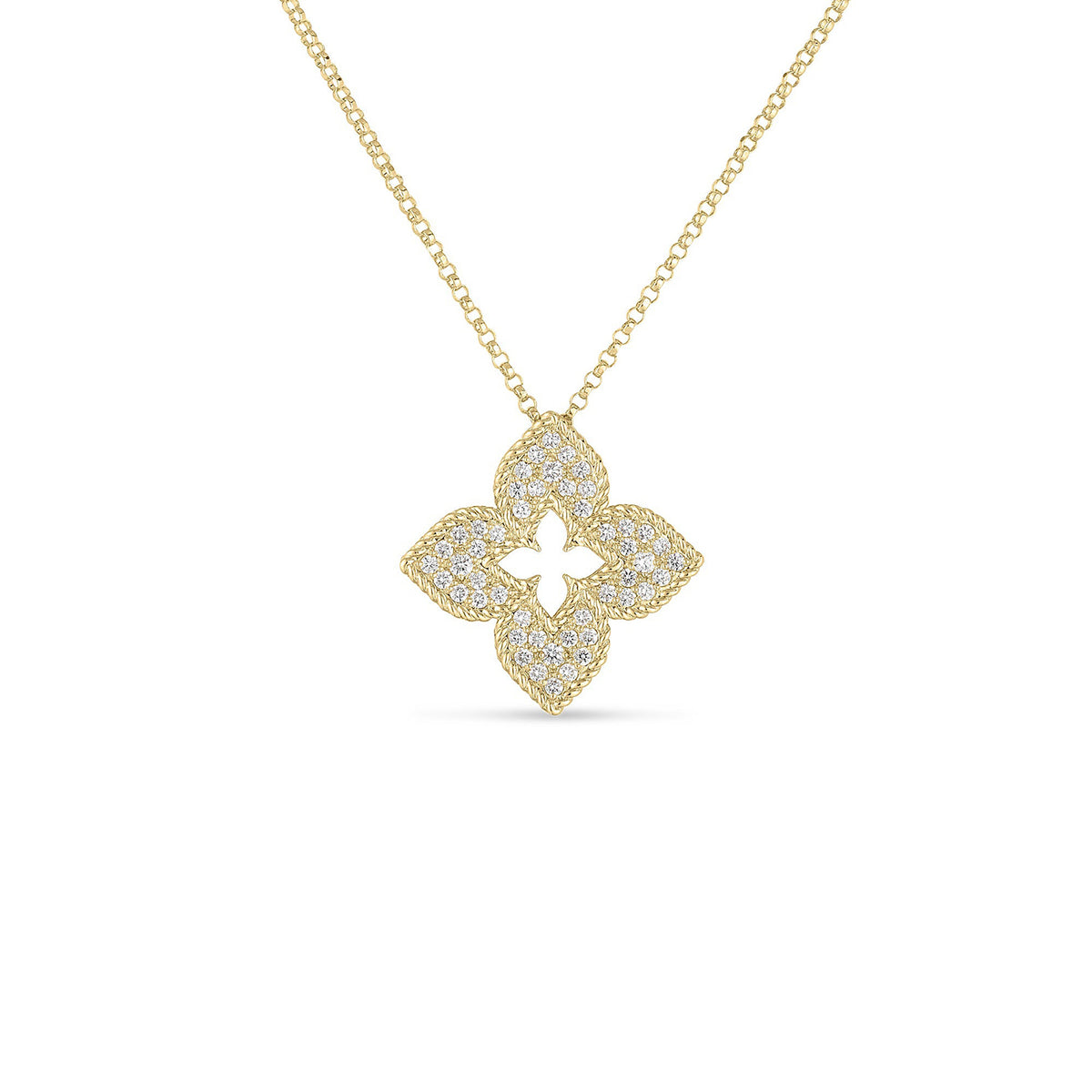 Roberto Coin 18k Yellow Gold Venetian Princess Pave Diamond Medium Flower Necklace Approximately 0.30 Tcw Pendant Is Approximately 20mm X 20mm Chain Is Approximately 17?