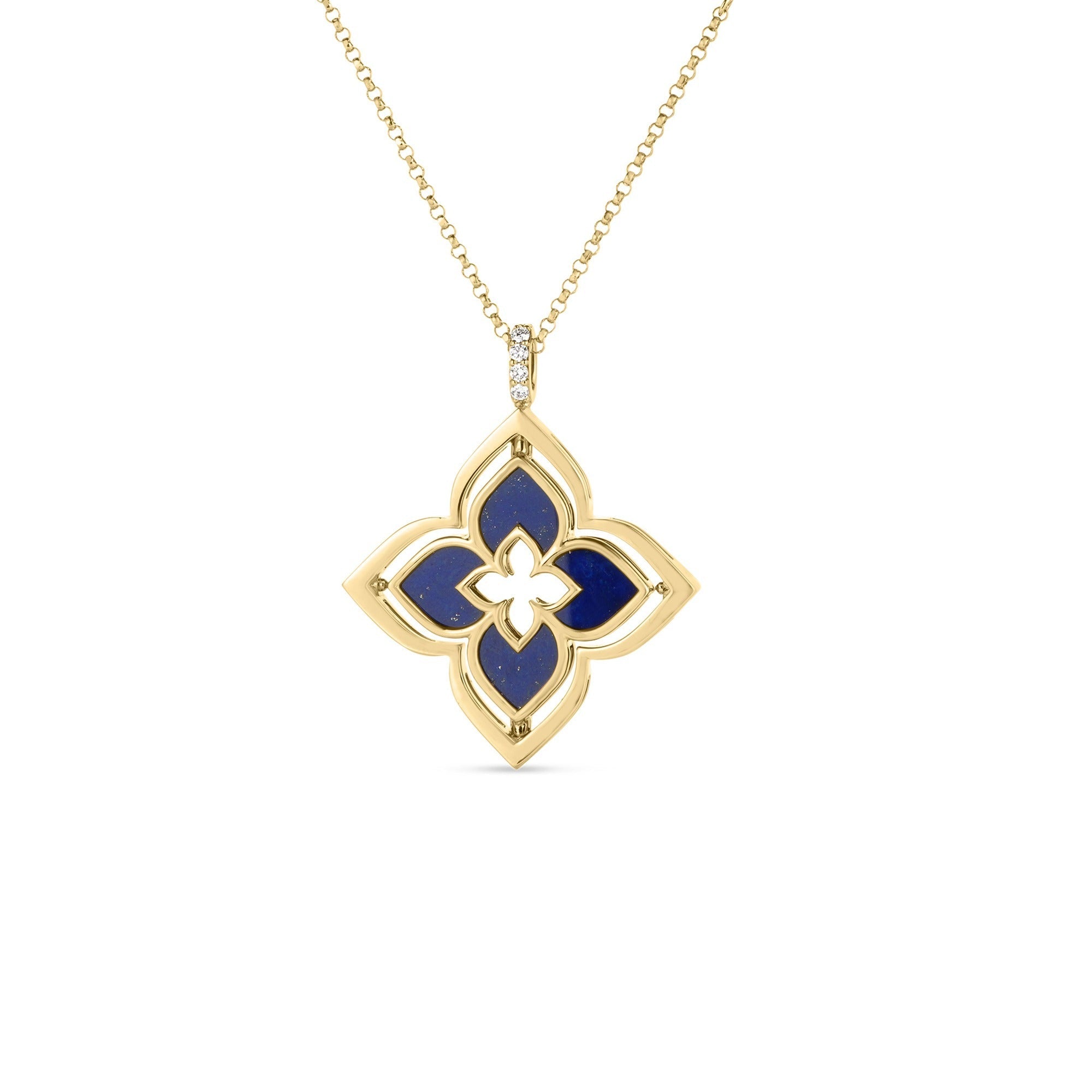 Video Thumbnail: Roberto Coin Yellow Gold Venetian Princess Pirouette Pave Diamond Lapis Flower Necklace 4956 - Roberto Coin 18k Yellow Gold Venetian Princess Pirouette Pave Diamond