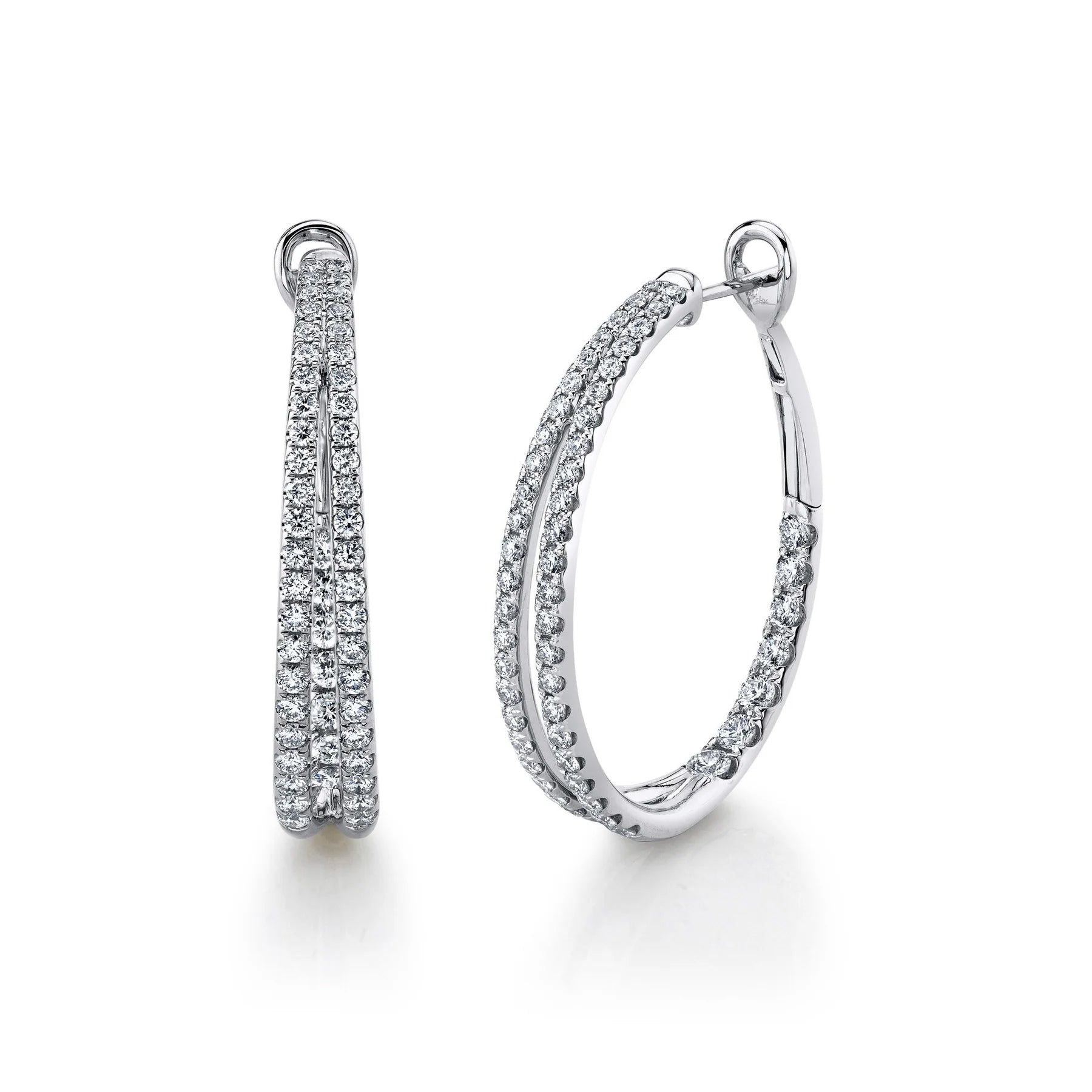 14K White Gold Diamond Oval Hoop Earrings