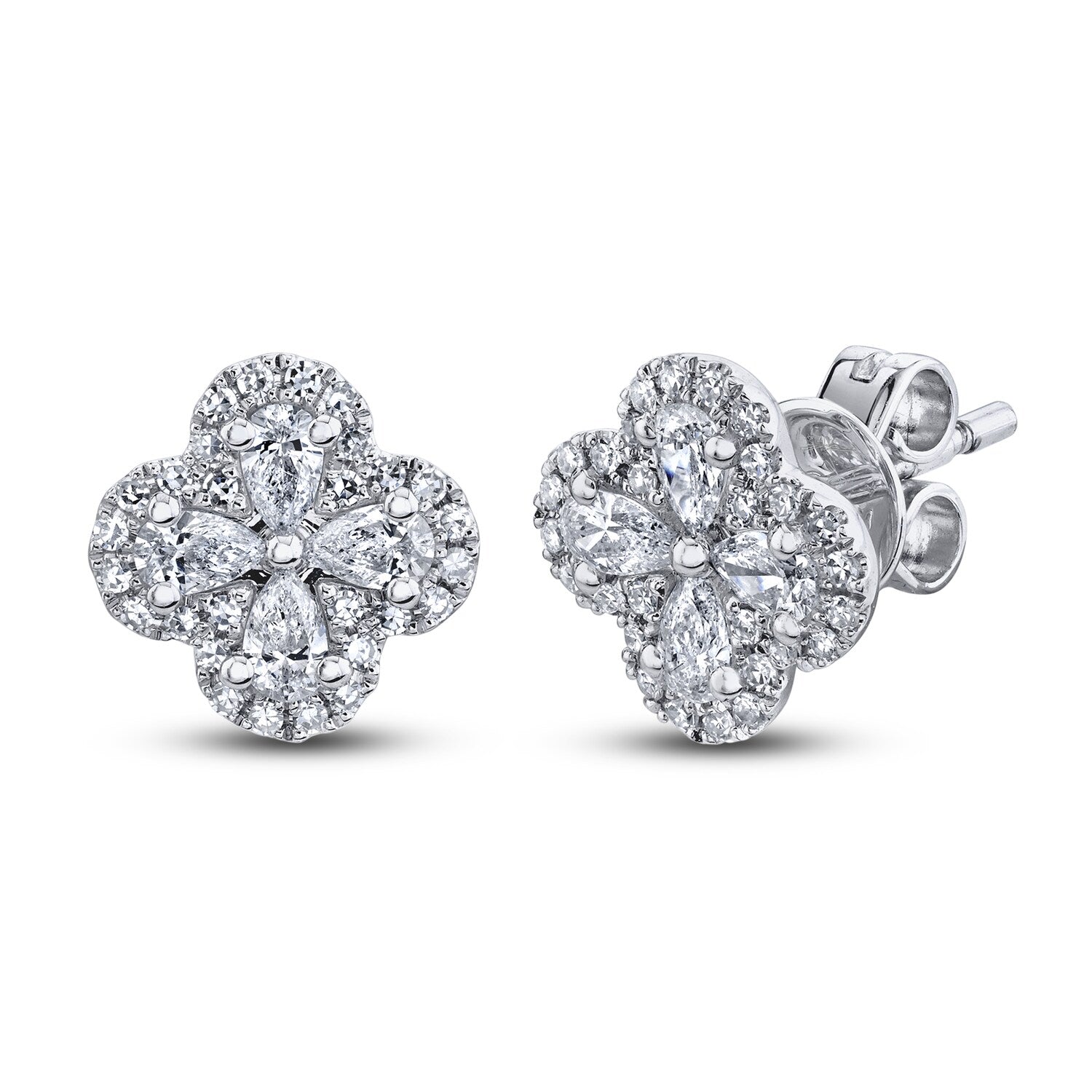 14K White Gold Diamond Clover Stud Earrings