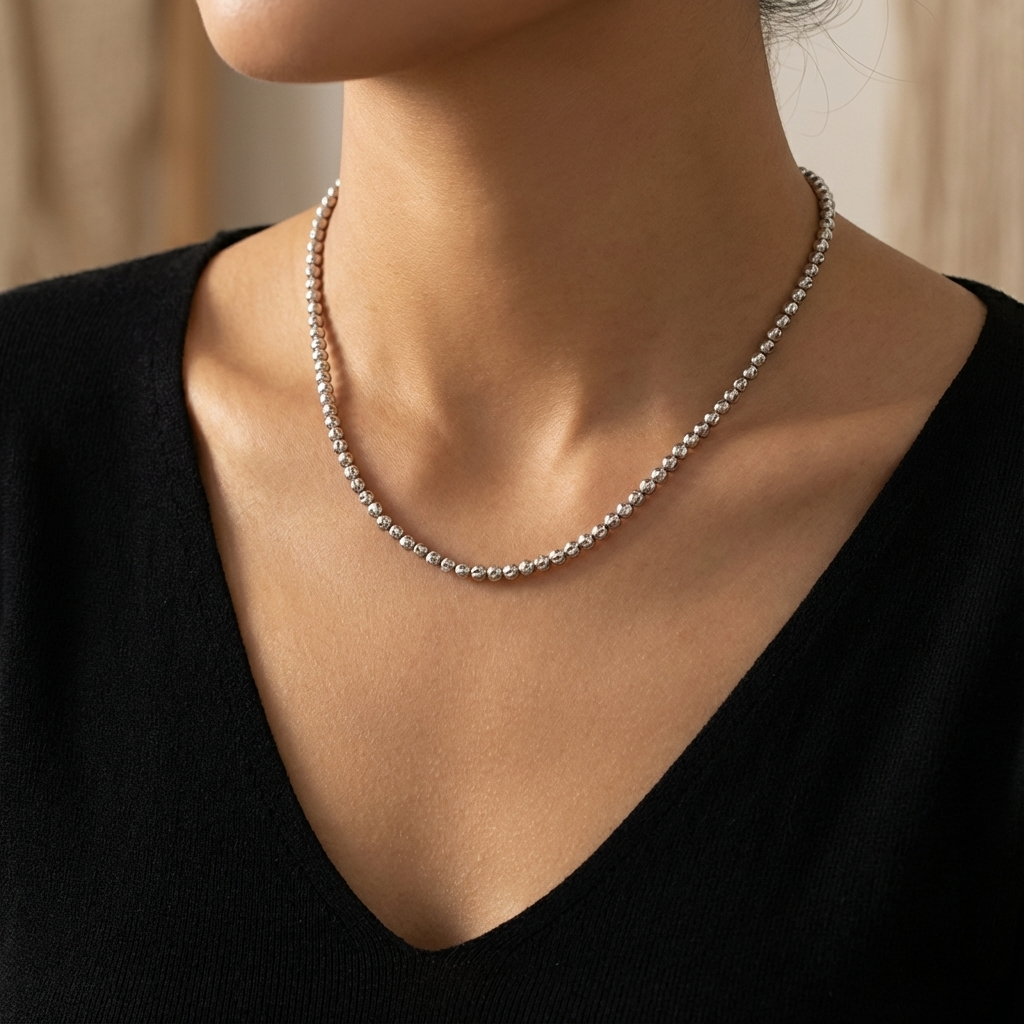 18K White Gold Small Ball & Bead Fancy Swirl Necklace