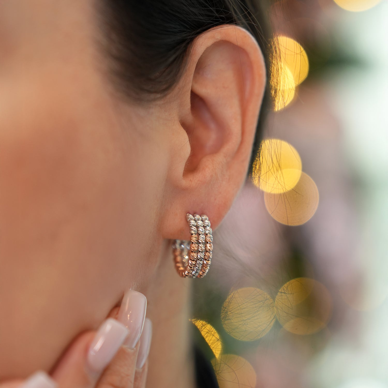 14K Gold Two-Tone Triple Bead Hoops