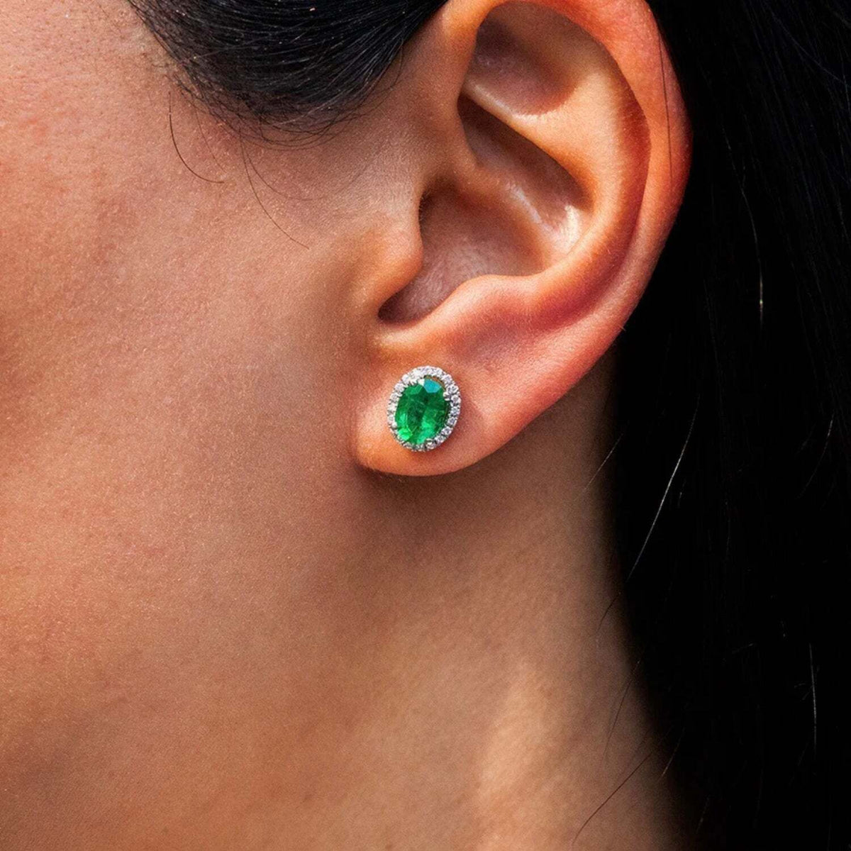 Emerald Halo Diamond Stud Earrings