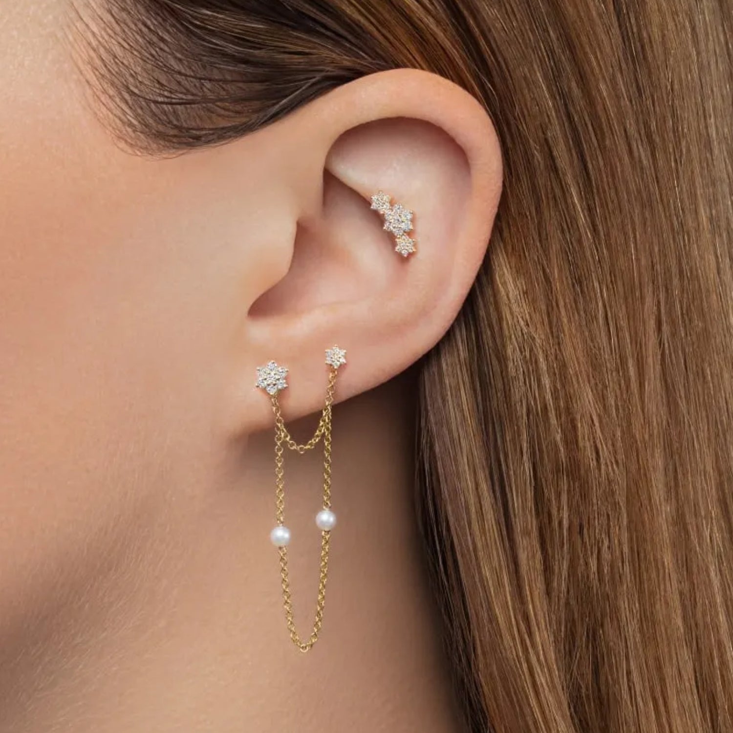 Maria Tash Gold Diamond Three Flower Garland Earstud