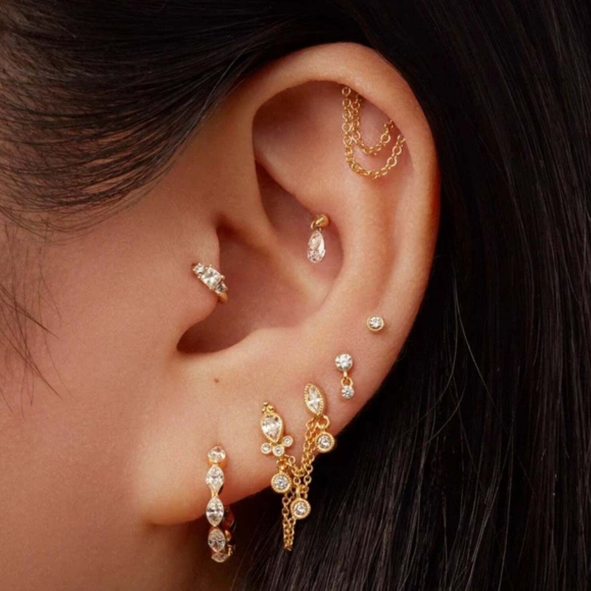 Maria Tash Gold Invisible Set Diamond Dangle Earstud 2mm-1.5mm