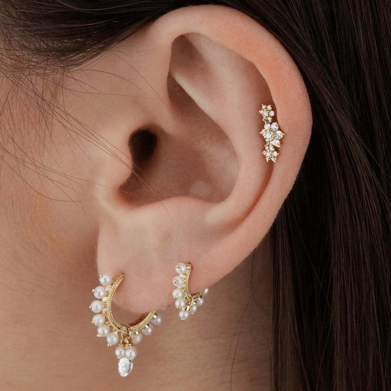 Maria Tash Gold Diamond Three Flower Garland Earstud