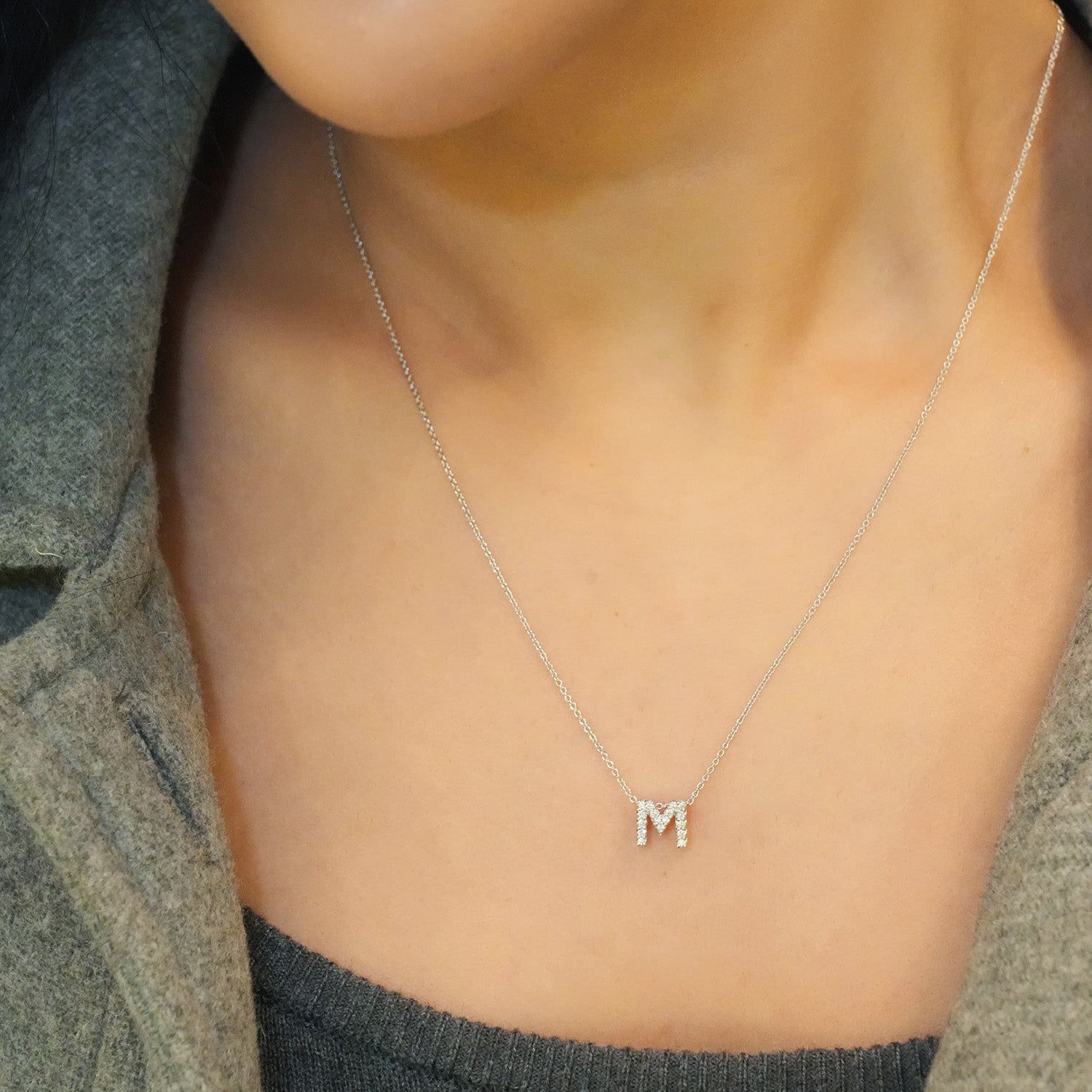 18KW Gold Tiny Treasures Diamond Love Letter "M" Necklace