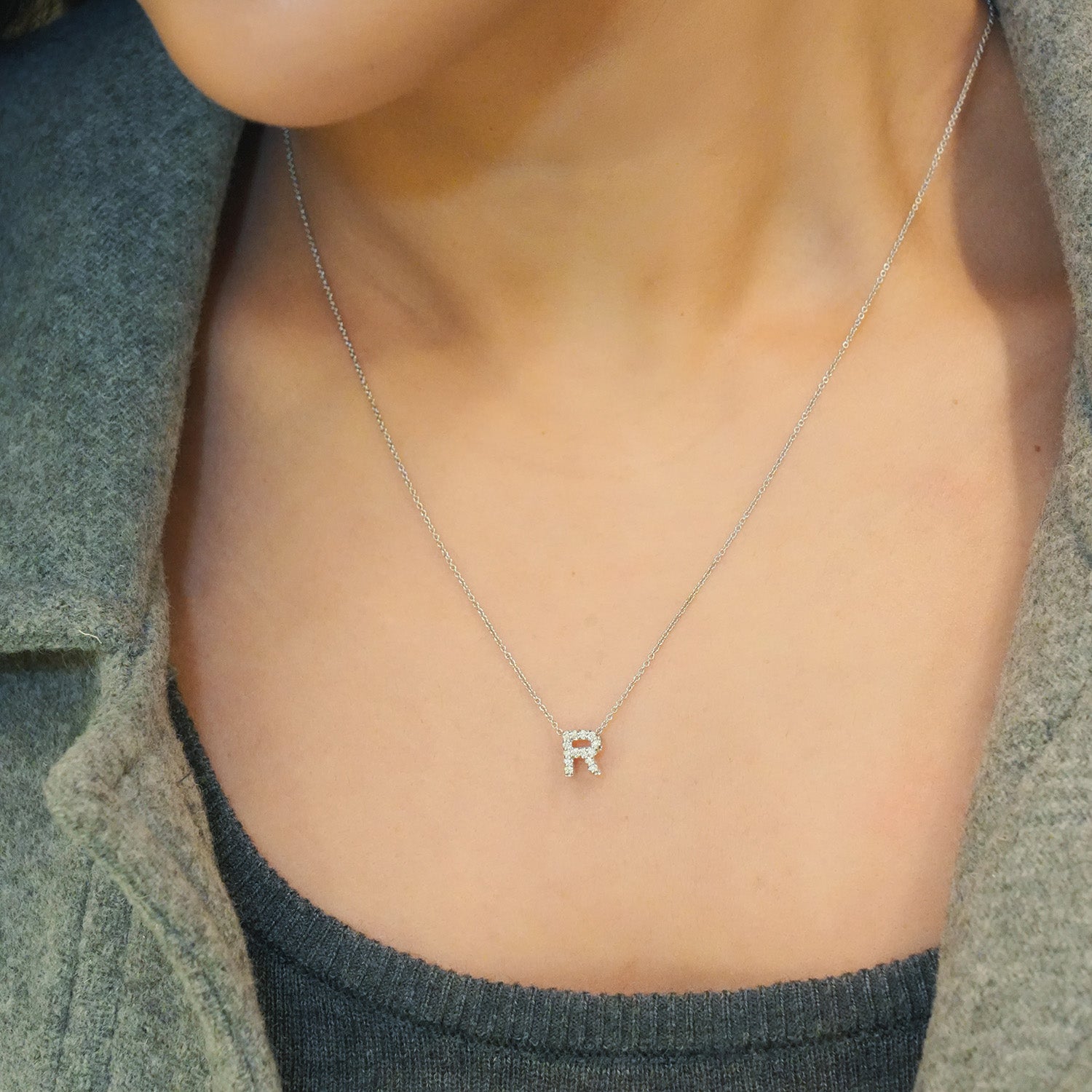 18KW Gold Tiny Treasures Diamond Love Letter "R" Necklace