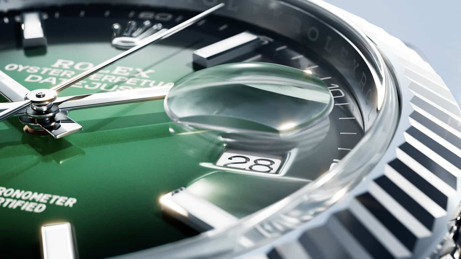 A video showcasing the Rolex Datejust 41 in white Rolesor, a stunning combination of solid 18 carat white gold and Rolex-exclusive Oystersteel, with an elegant green lacquer ombré dial