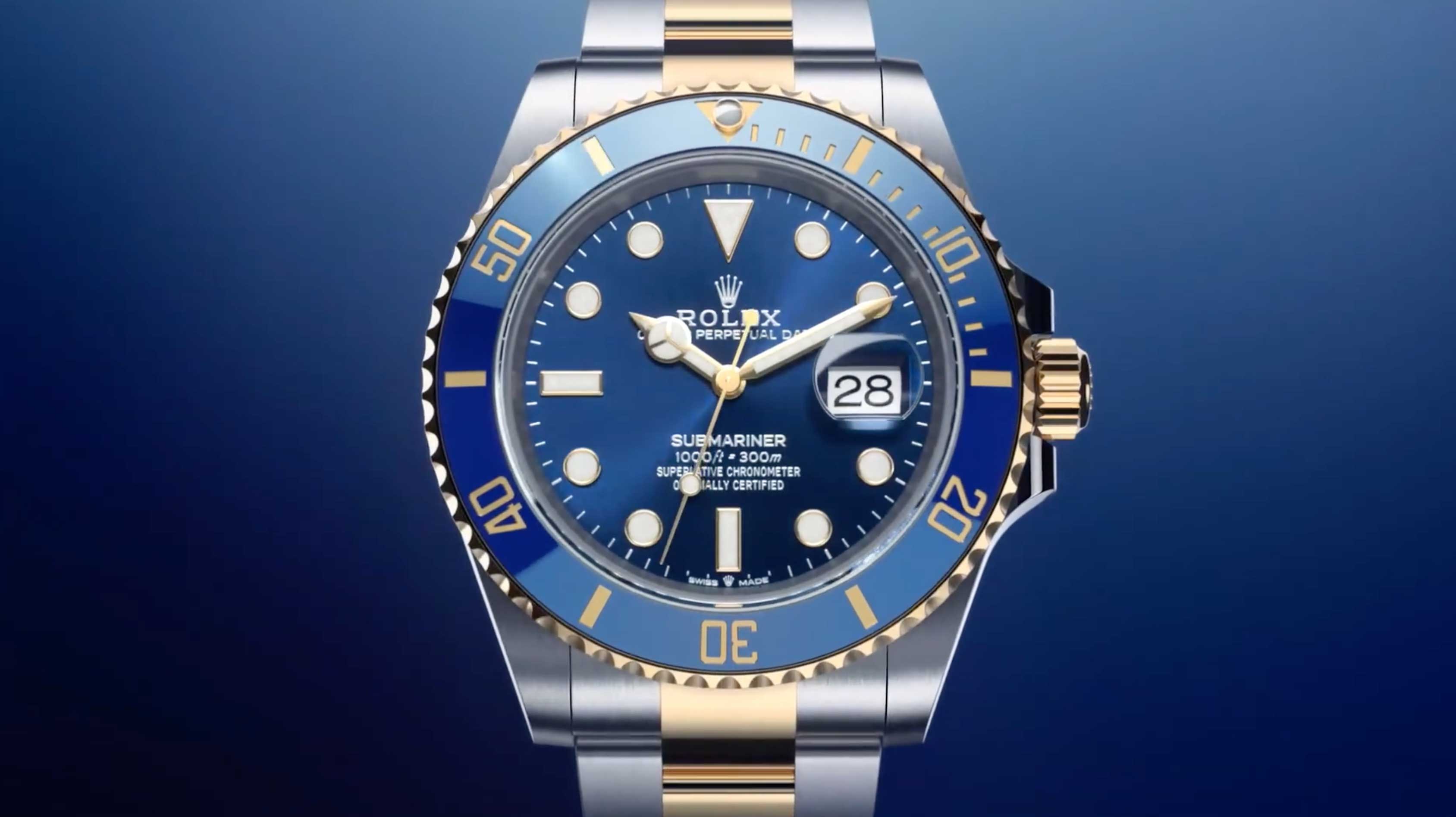 A video showcasing the Cerachrom bezel of a Rolex Submariner Date. The thumbnail preview depicts a Rolex Submariner Date in yellow Rolesor with blue dial and blue Cerachrom bezel.
