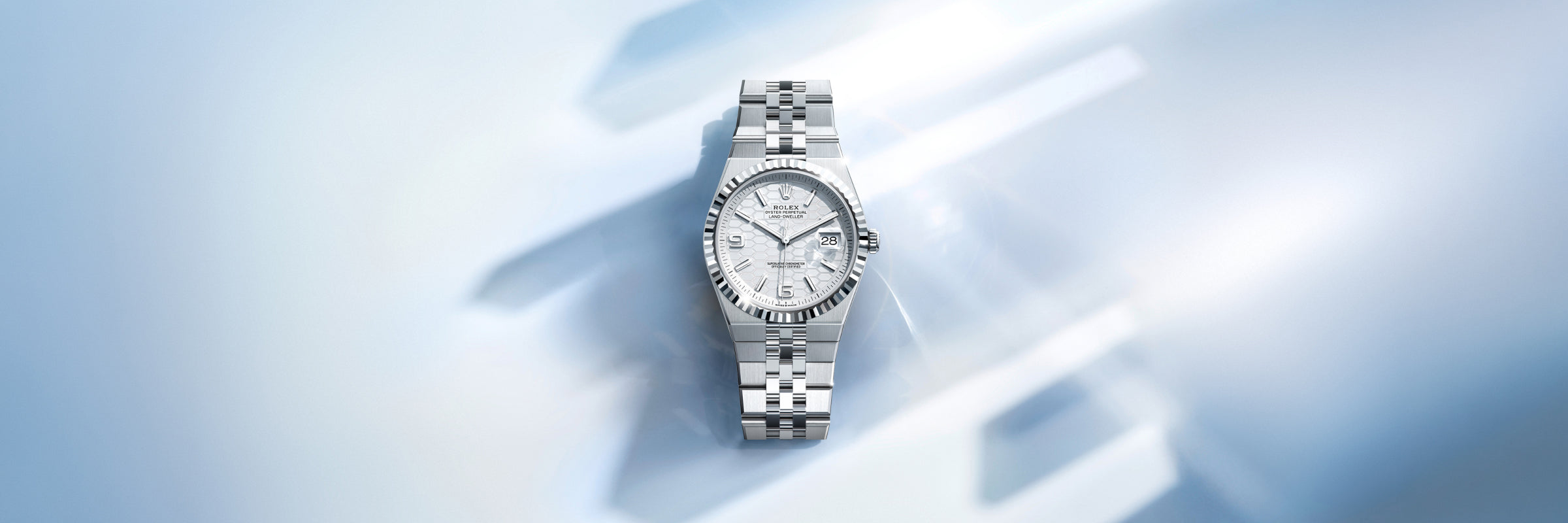 Rolex Land-Dweller with a white face on a light blue background.