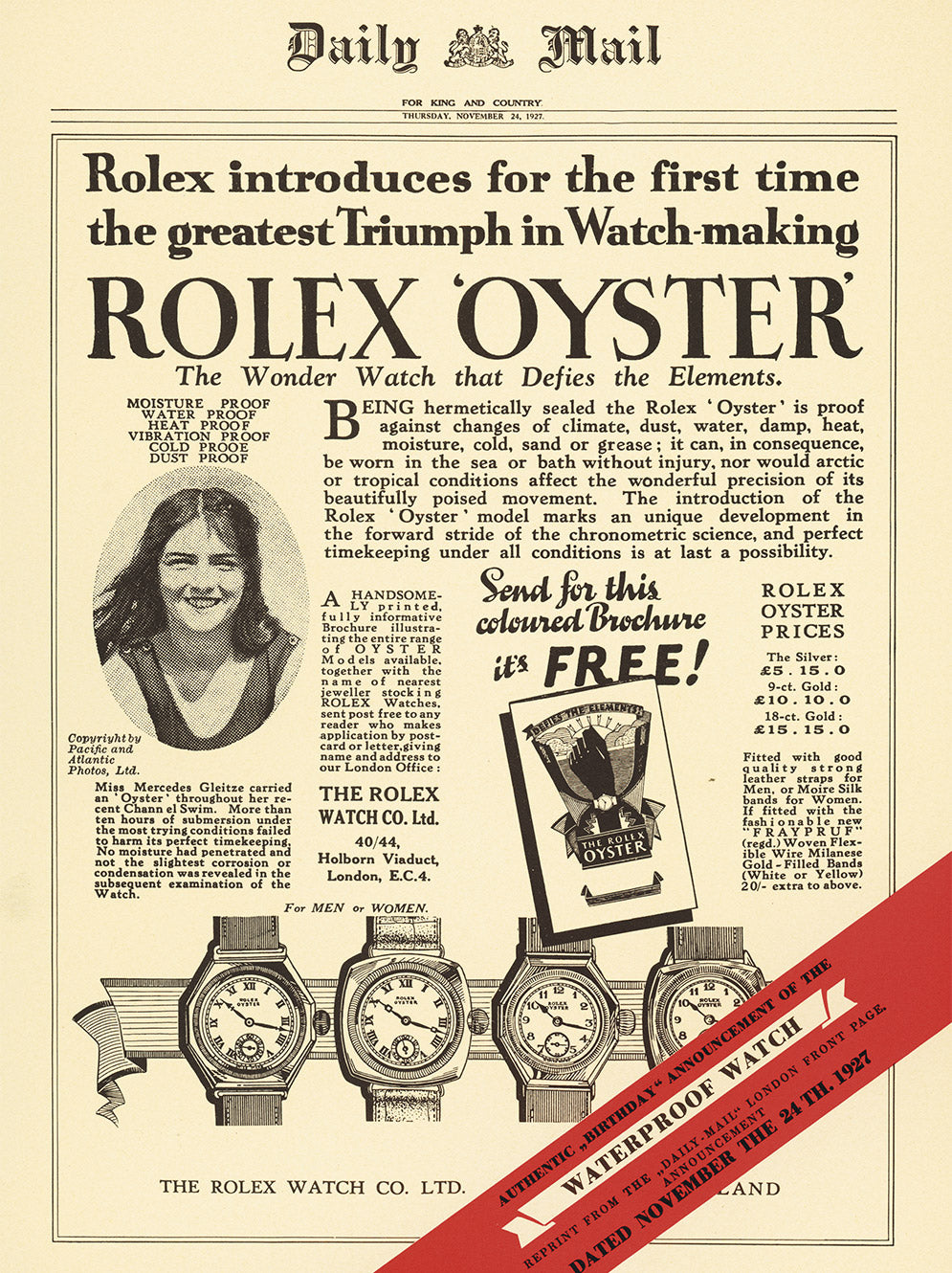 Vintage advertisement for Rolex Oyster watch featuring text and images of watches, along with a promotional photo of Mercedes Gleitze.