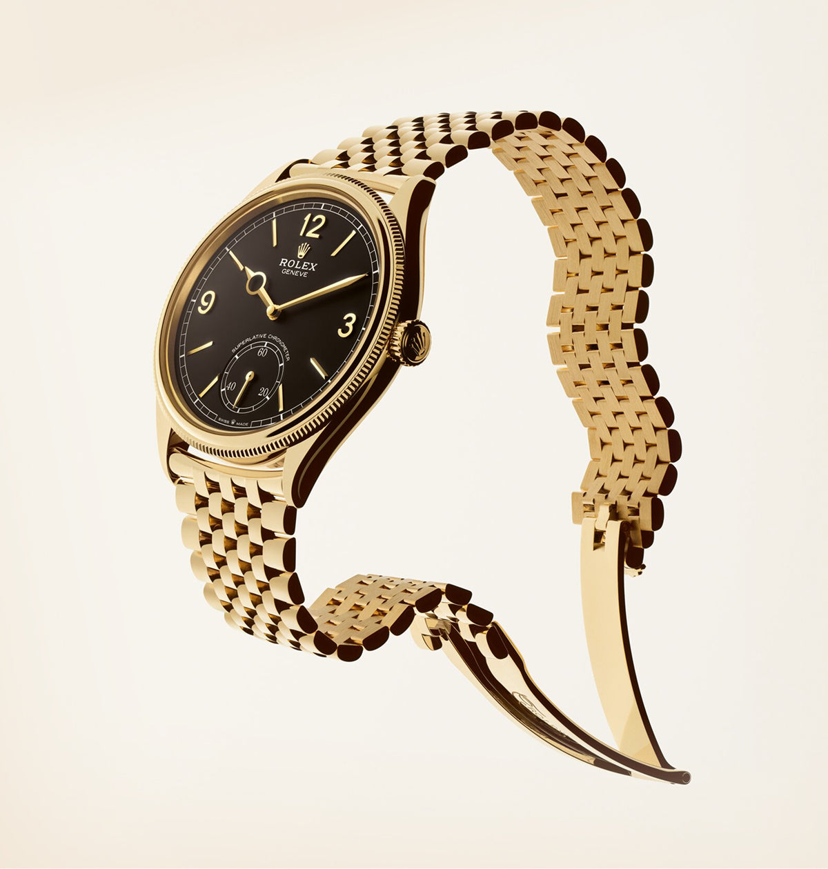 A Rolex 1908 in solid 19 carat yellow gold with black dial, hovering in mid air against a creamy white background.