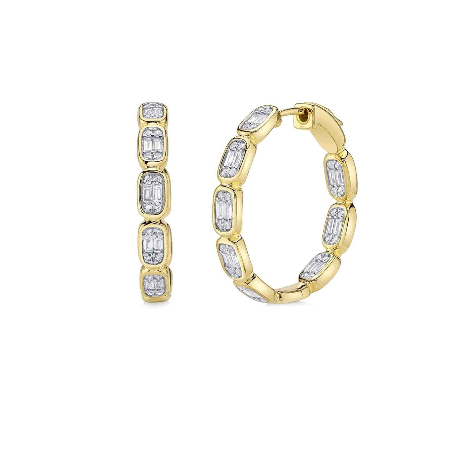 14K Yellow Gold Diamond Baguette Hoop Earrings