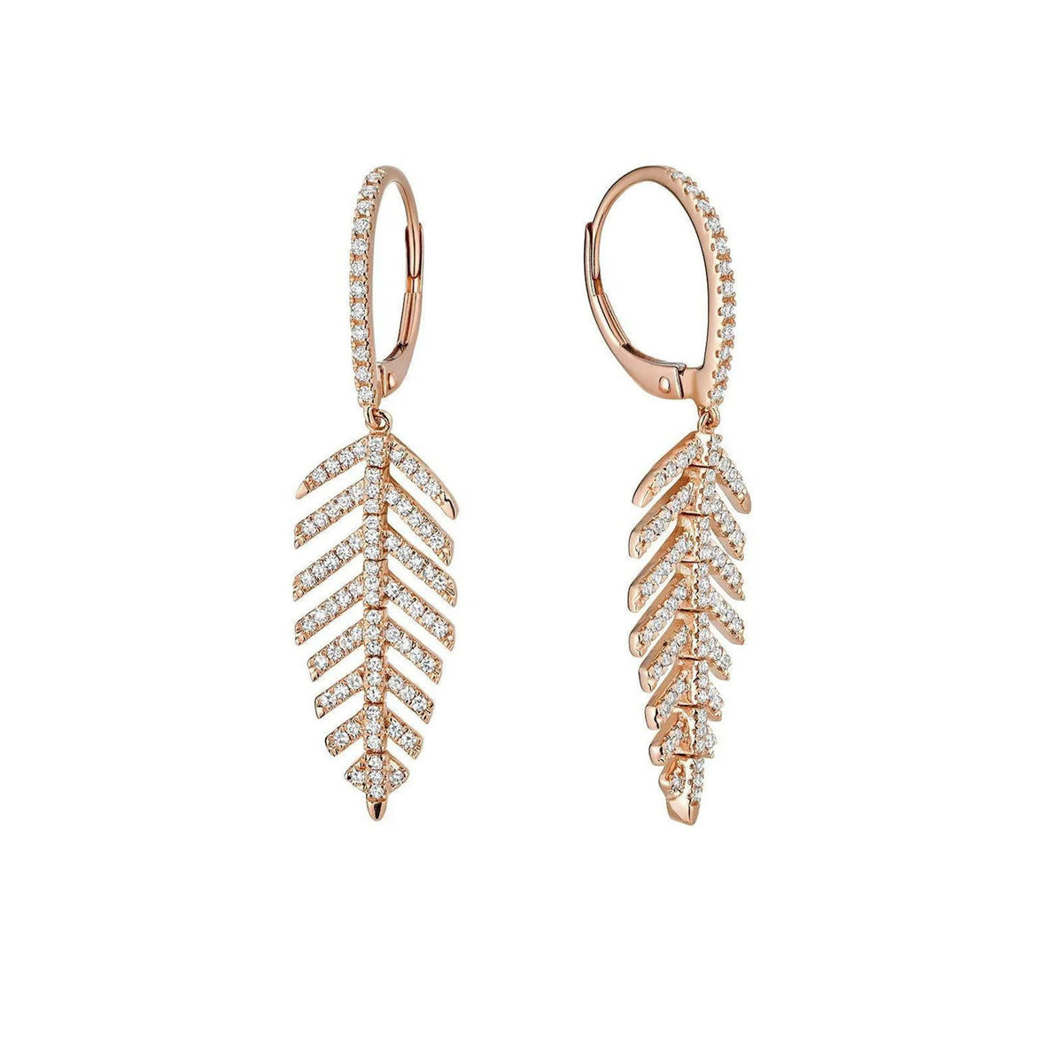 14K Rose Gold Leaf Dangle Earrings 0.44cttw