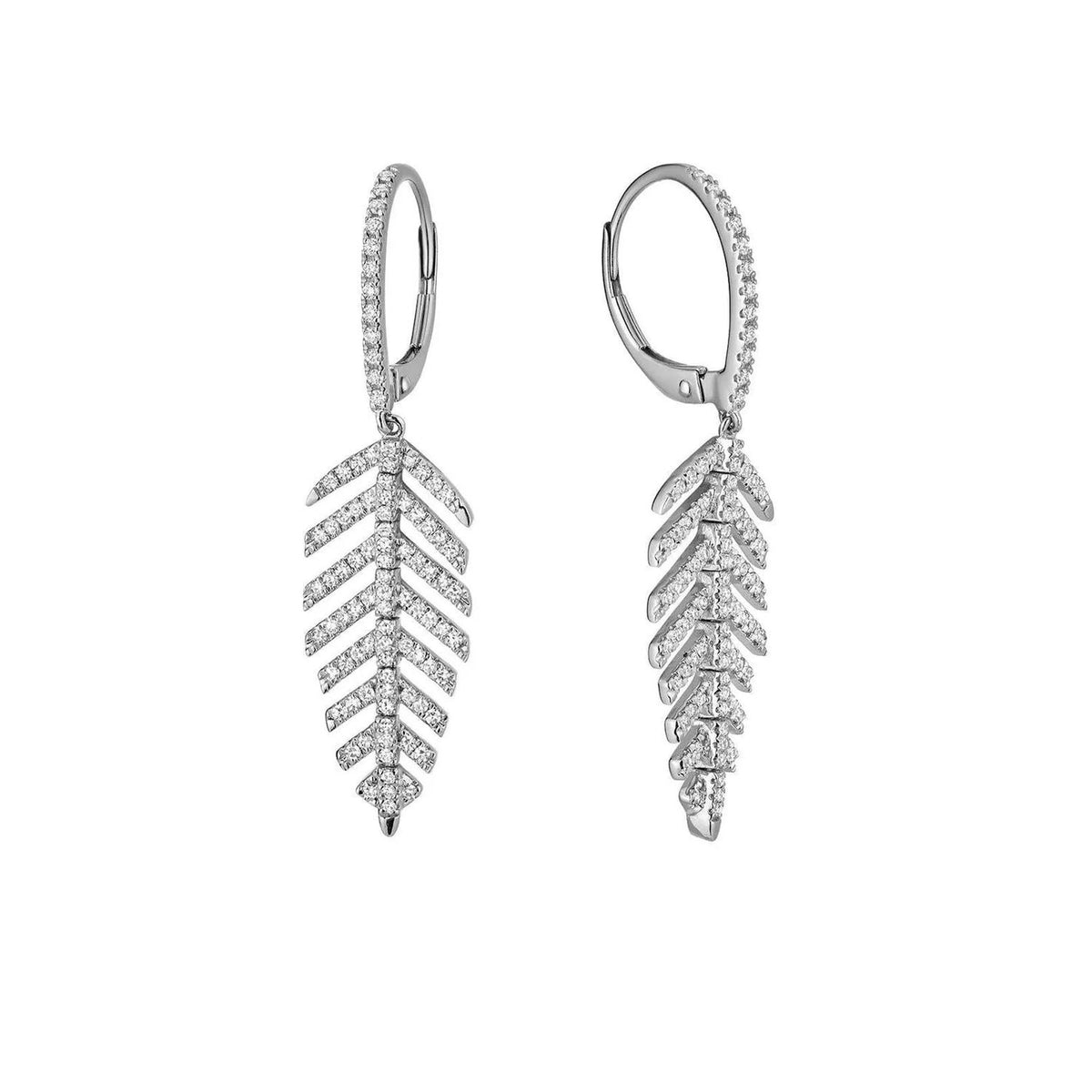 14K White Gold Leaf Dangle Earrings 0.44cttw