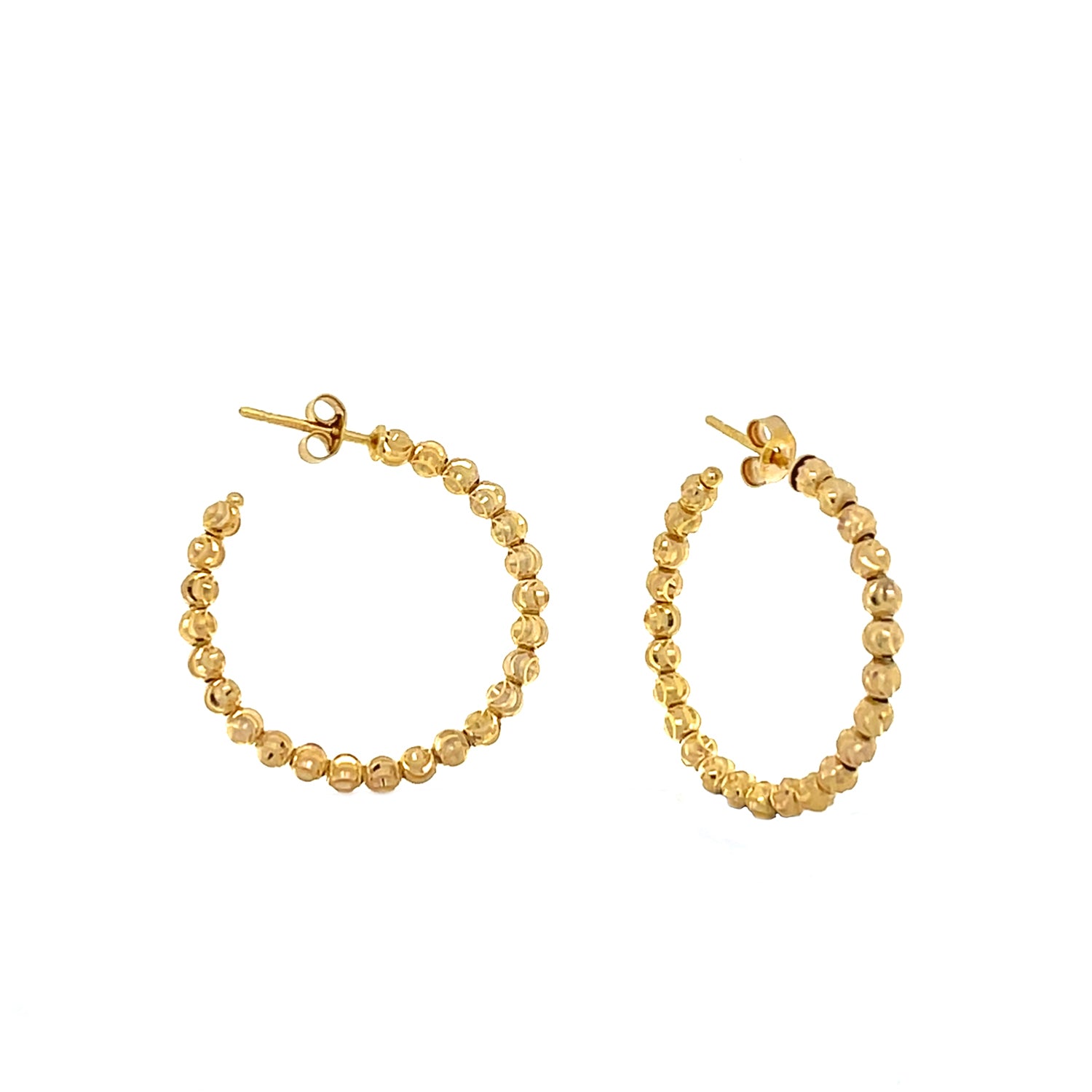 14K Yellow Gold Diamond Cut Beaded Medium Hoop Earrings