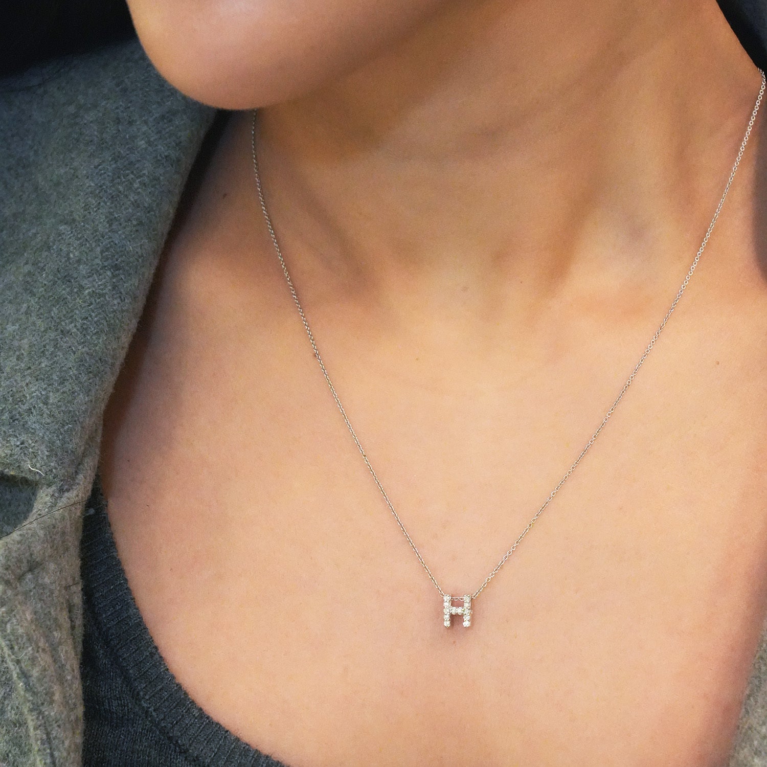 Roberto Coin 18K White Gold 18" Tiny Treasures Diamond Love Letter H Necklace 0.06 ctw
