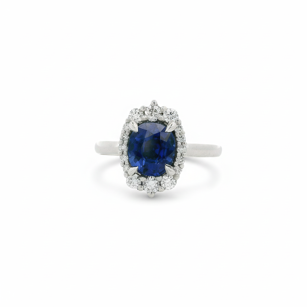 Video Thumbnail: White Gold Sapphire and Diamond Halo Ring Sapphire 2 Burma No Heat Gia Diamonds 2 - Howard 18k White Gold Sapphire and Diamond Halo Ring. Sapphire 2.31ct