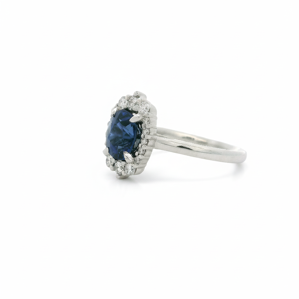 Video Thumbnail: White Gold Sapphire and Diamond Halo Ring Sapphire 2 Burma No Heat Gia Diamonds 2 - Howard 18k White Gold Sapphire and Diamond Halo Ring. Sapphire 2.31ct