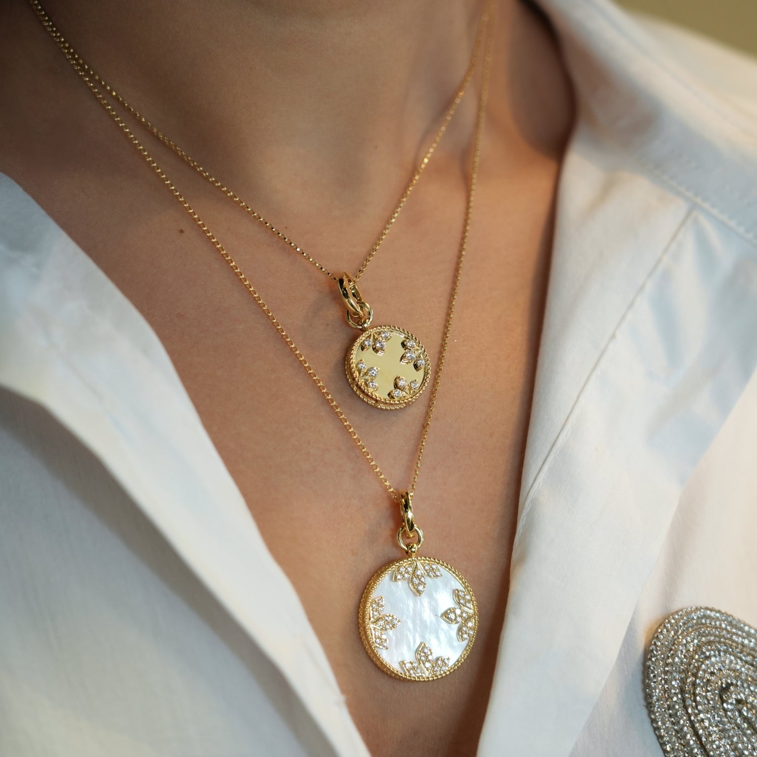 18K Gold Colored Medallions Small Diamond Necklace